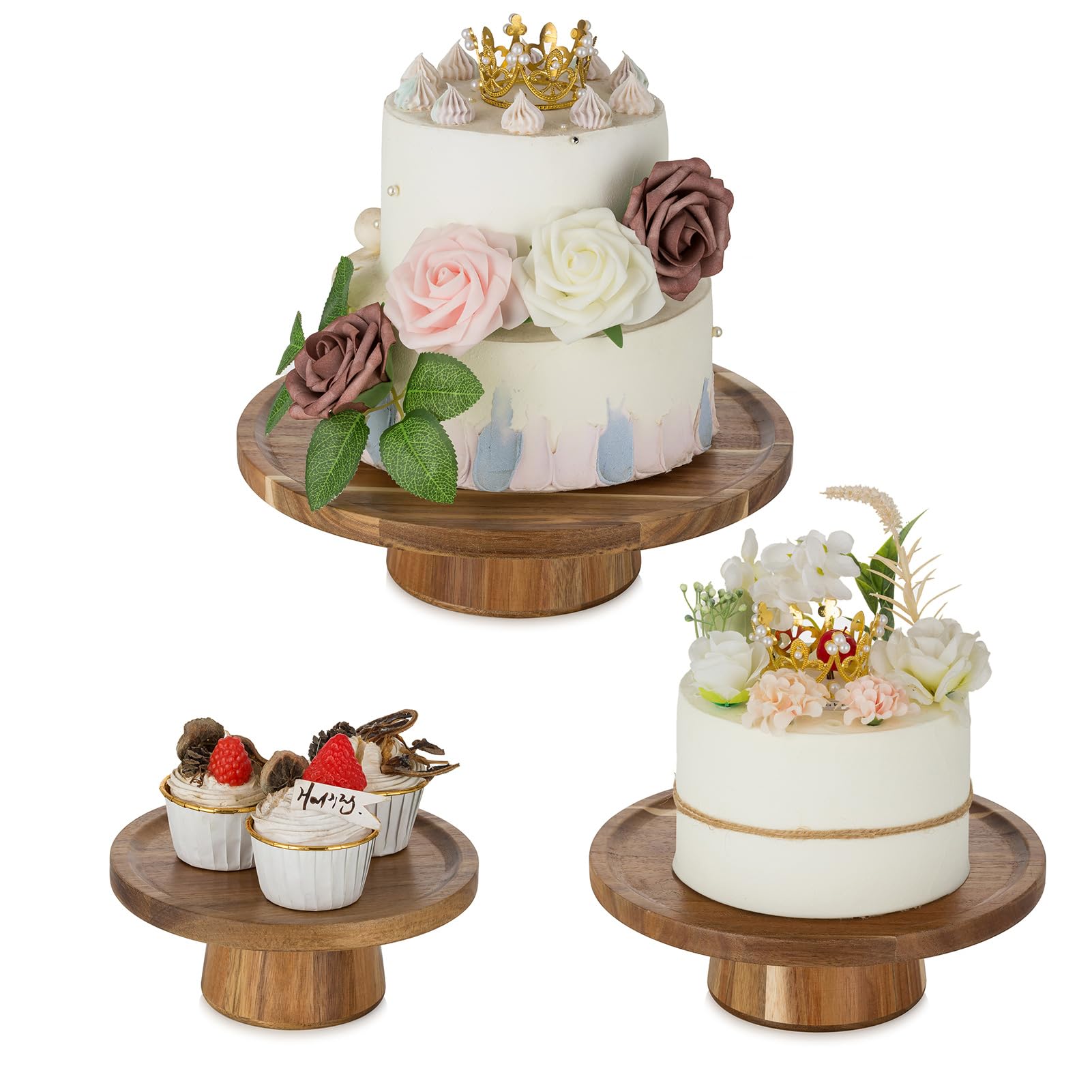 NUPTIO Wood Cake Display Stand Set of 3:4 in 1 Multifunction Cake Plate Serving Bowl Chip & Dip Tray Nut Dish Acacia Wood Cupcak