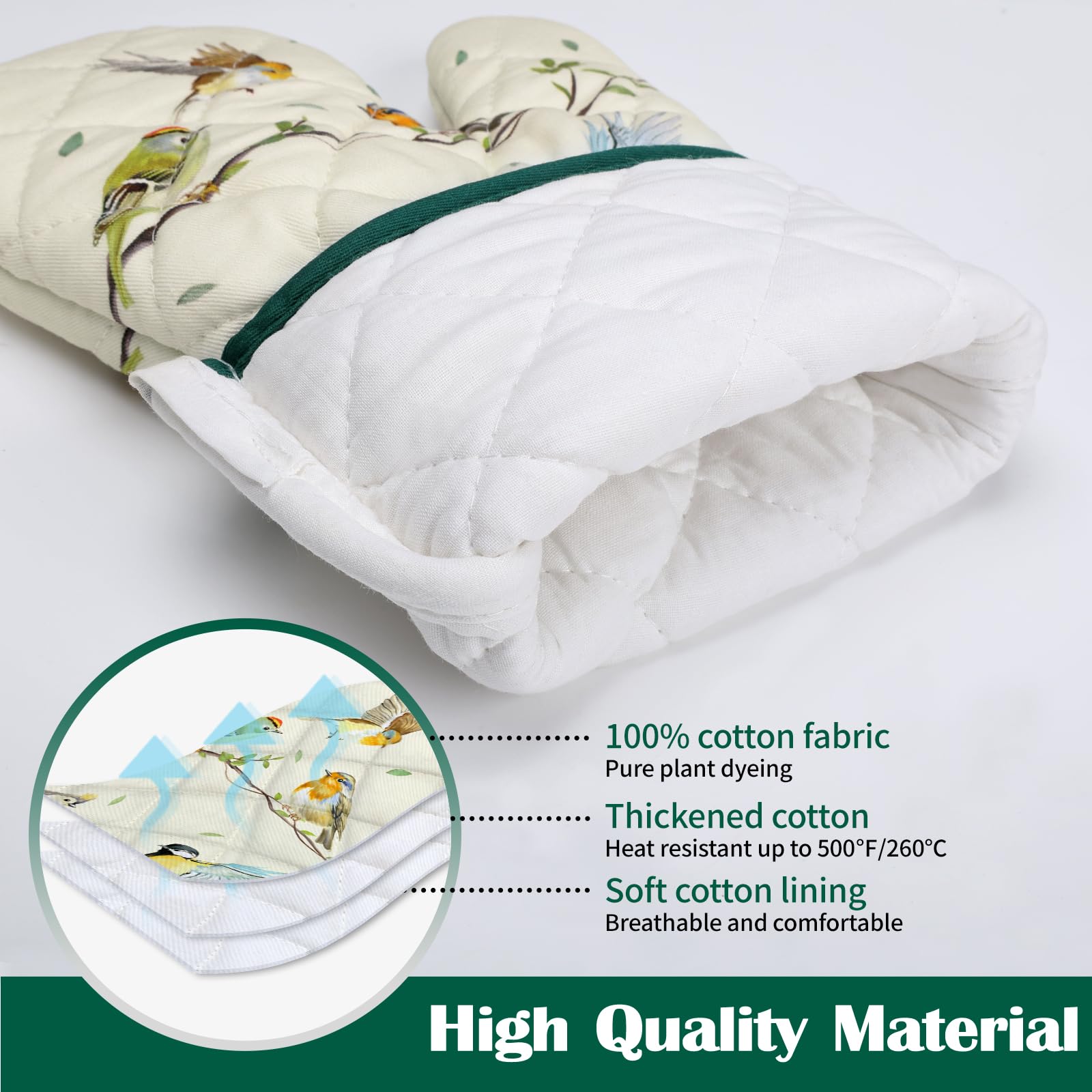 Arquiel Bird Branch Oven Mitts And Pot Holders Sets 2Pcs, 100% Cotton Heat Resistant, Extra Long Oven Gloves Potholder For Kitch