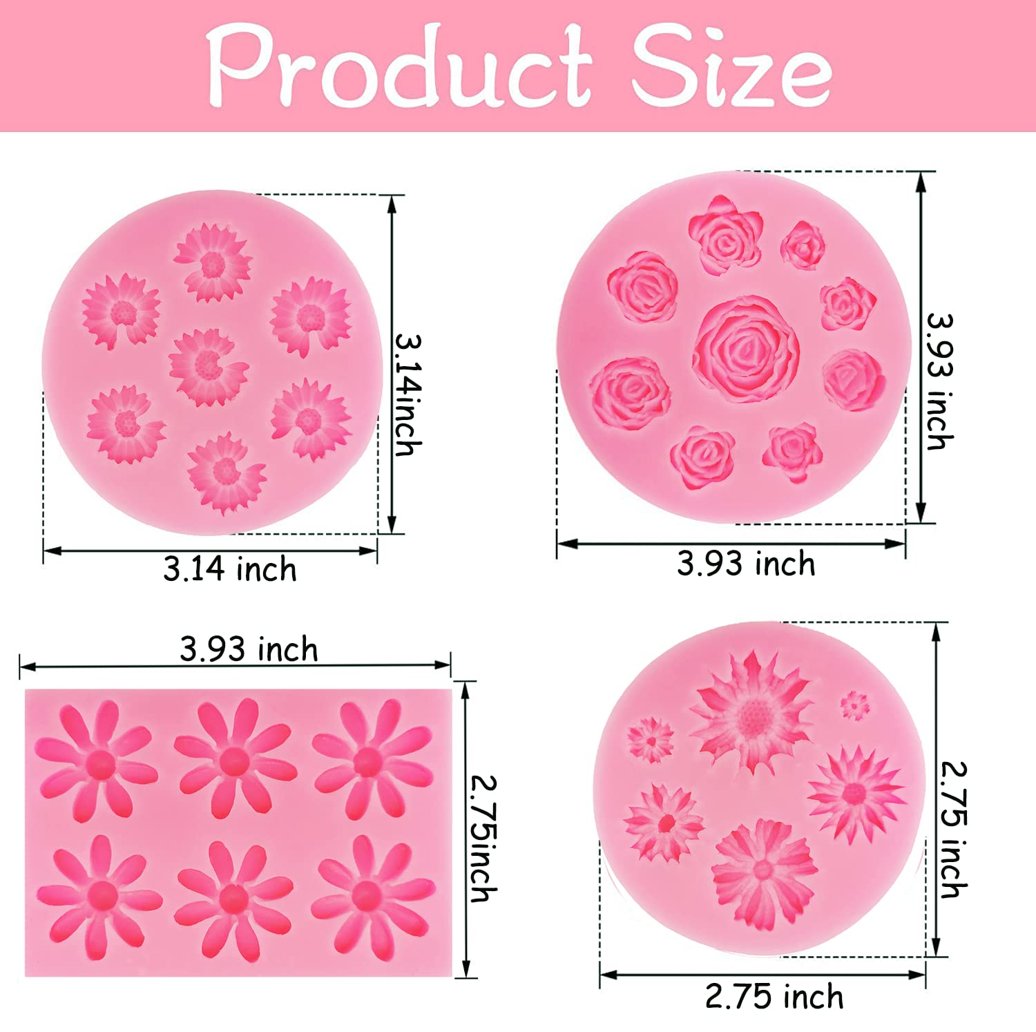 4Pcs Rose Flower Silicone Molds Daisy Chrysanthemum Silicone Molds Small Flower Shapes Fondant Cake Chocolate Molds Polymer Clay