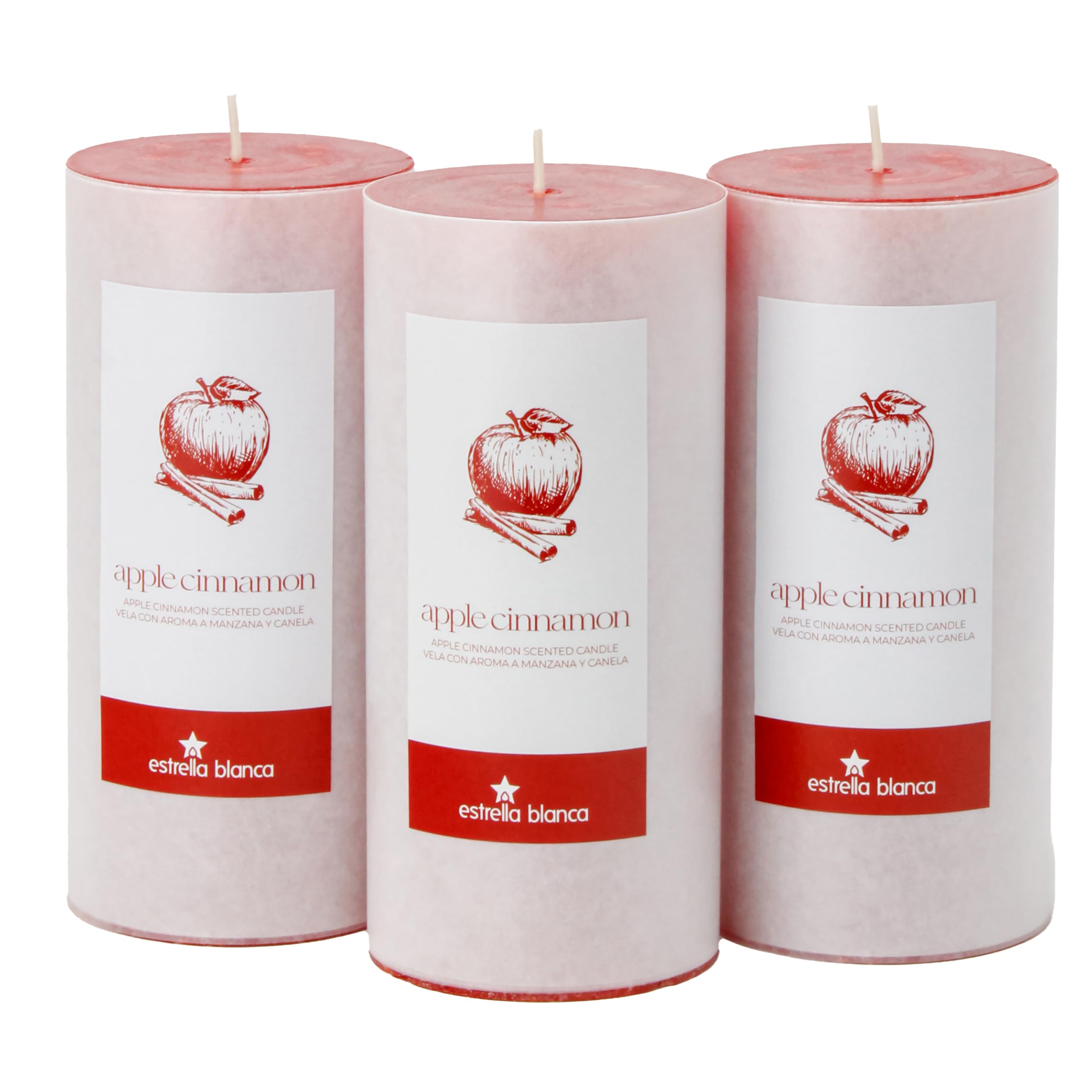 Estrella Blanca Apple Cinnamon Scented Red Pillar Candles, 3x6 Inch Set of 3, Long Lasting Fall Candles for Home Decor, Thanksgi
