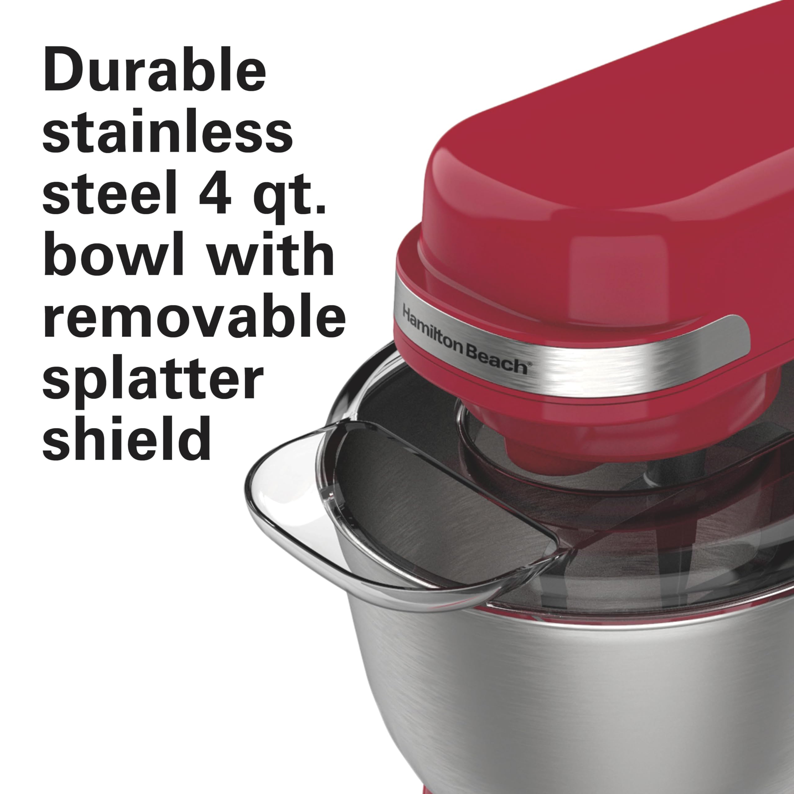 Hamilton Beach Electric Stand Mixer, 4 Quarts, Dough Hook, Flat Beater Attachments, Splash Guard 7 Speeds With Whisk, Red