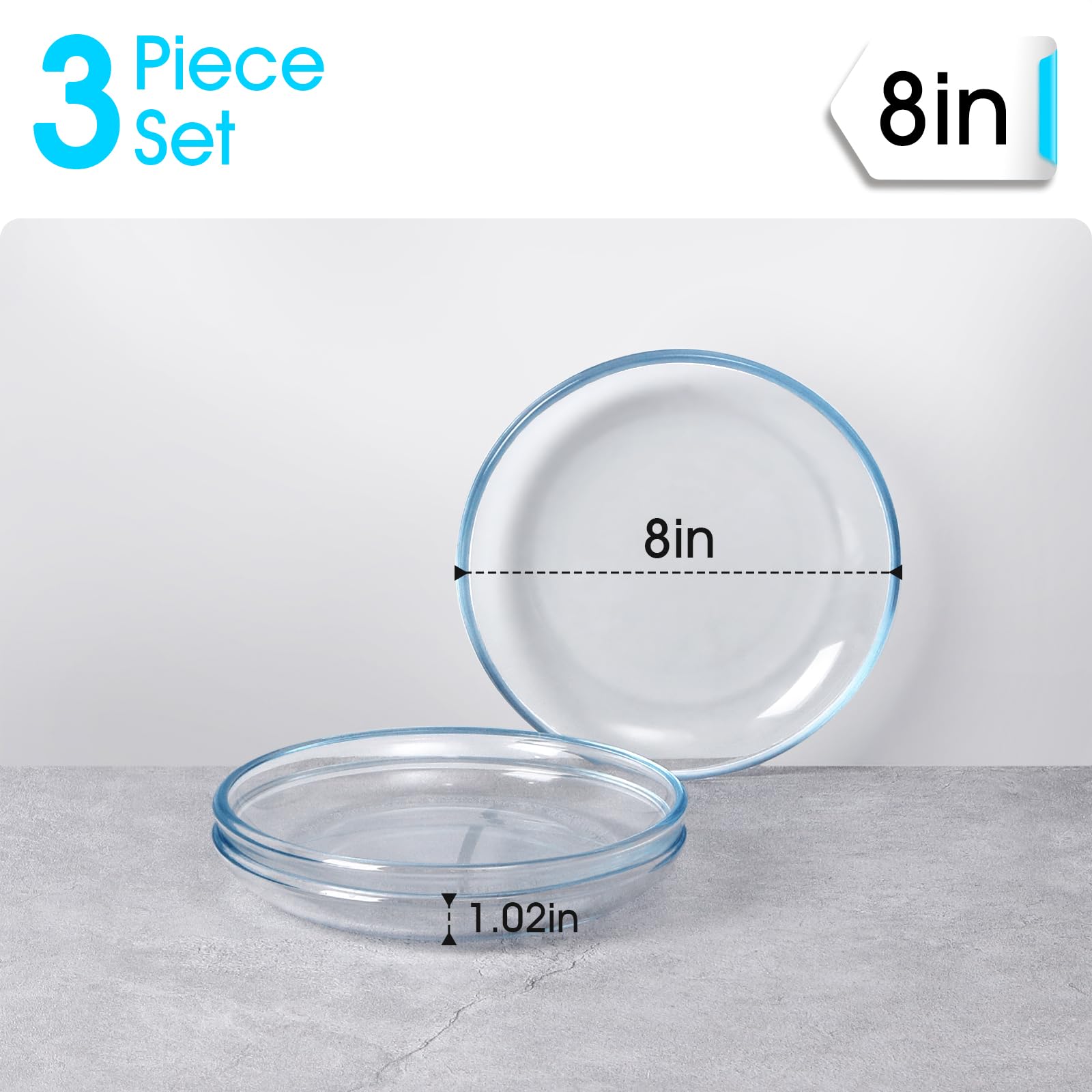 Nutriups 3 Pack 8 Inch Glass Plates, Clear Tempered Glass Dessert Plates, Glass Plate Set For Appetizer, Fruits, Cake, Salad, Di