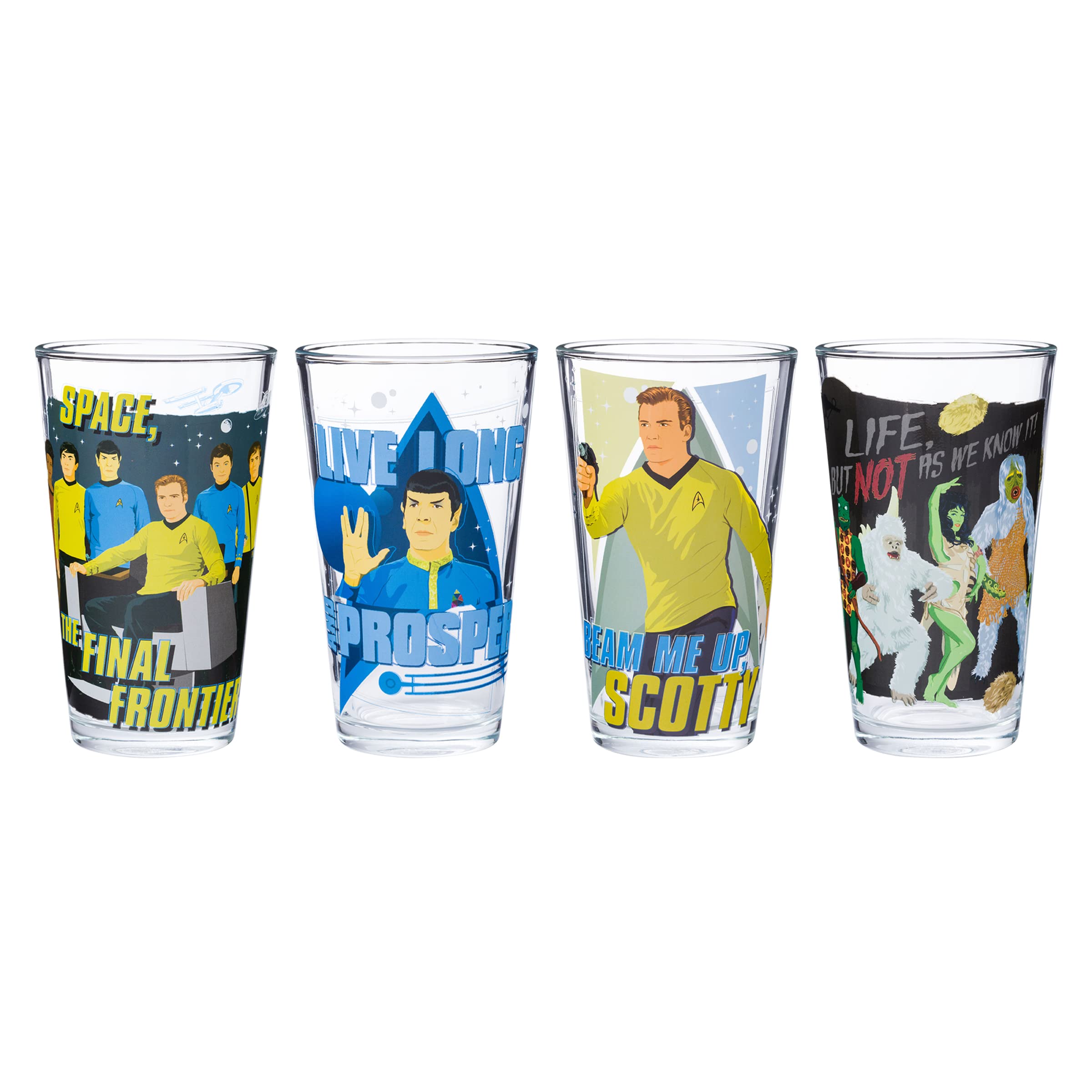Silver Buffalo Star Trek Quotes Featuring Kirk, Spock, McCoy, and Uhura 4 Pack Pint Glass Set, 16 Ounces
