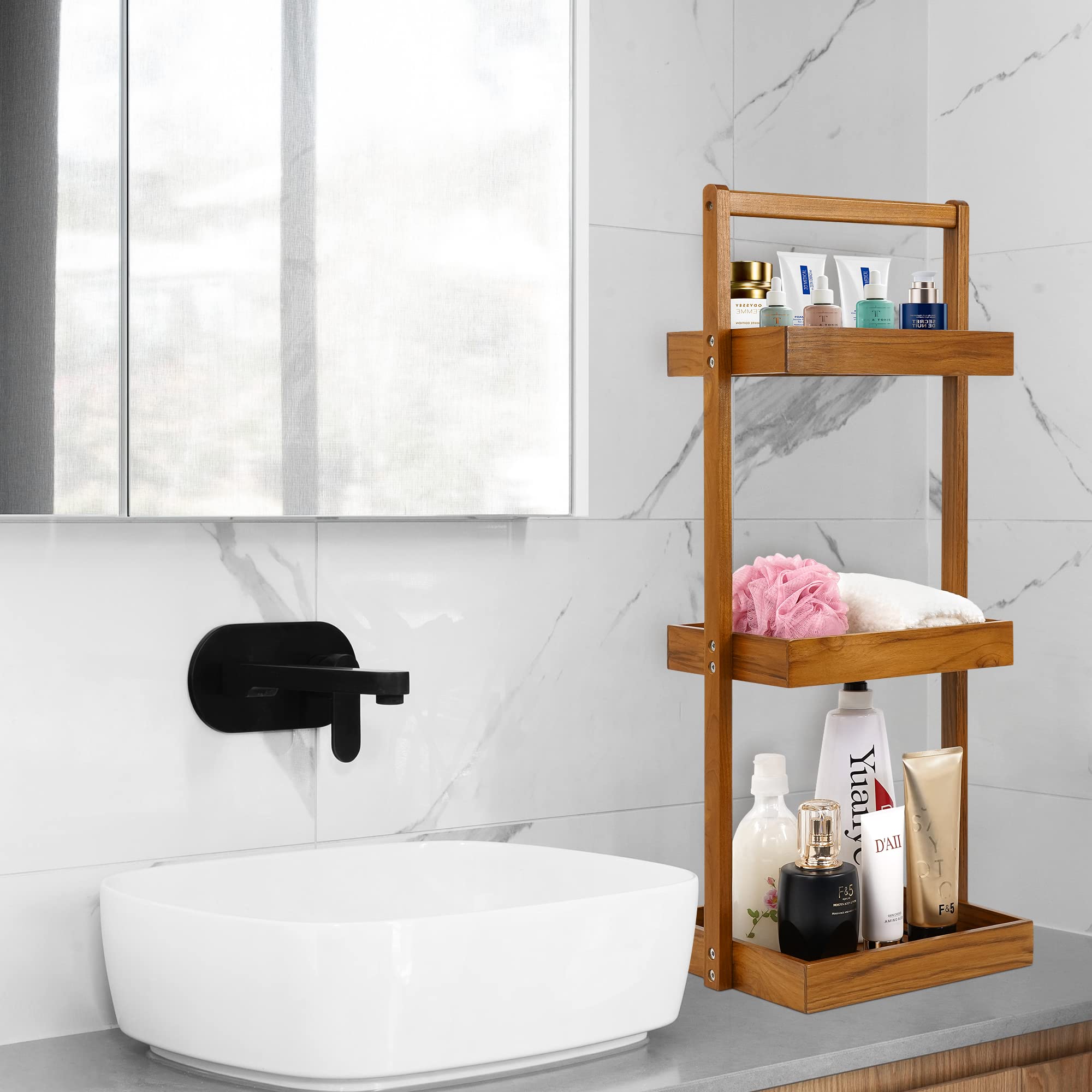 Utoplike Teak Shower Caddy Shelf, Standing Shower Organizer For Bathroom Corner, Wooden Freestanding Racks Storage For Inside Sh