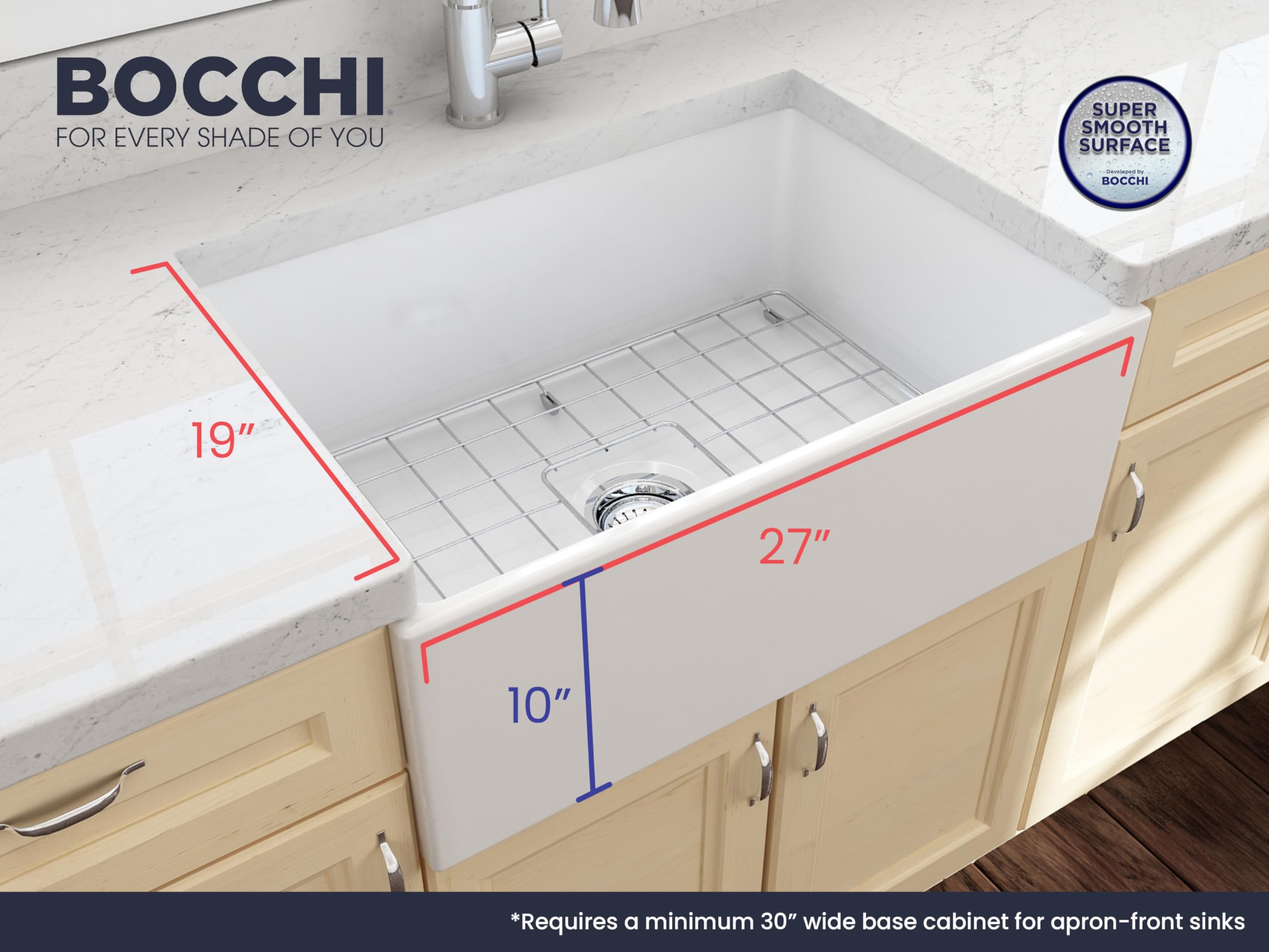 Bocchi Contempo Farmhouse Apron Front Fireclay 27 In. Single Bowl Kitchen Sink With Protective Bottom Grid And Strainer In White