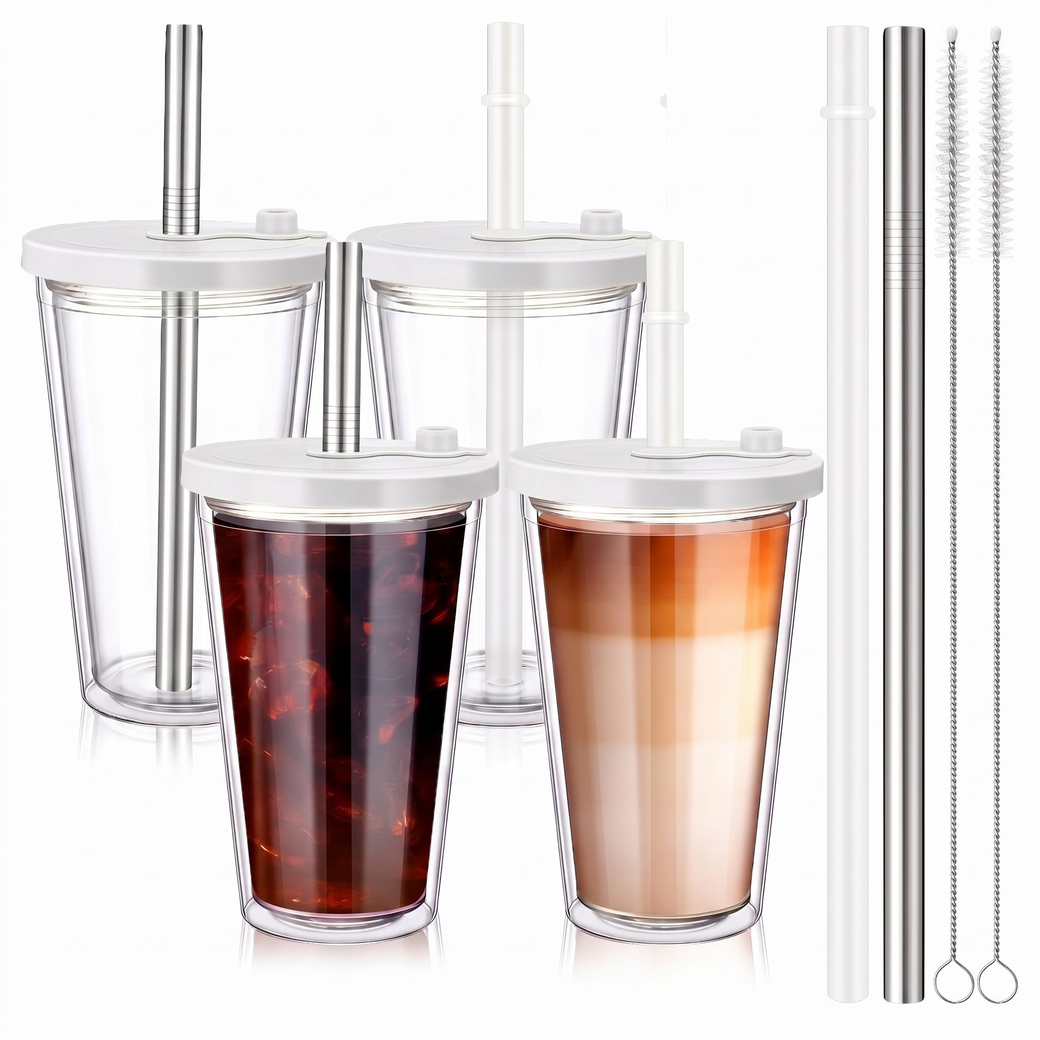 Honeydak 4 Pack 16 oz Reusable Iced Coffee Cups with Lids and Straws Leakproof Double Wall Insulated Clear Plastic Iced Coffee T