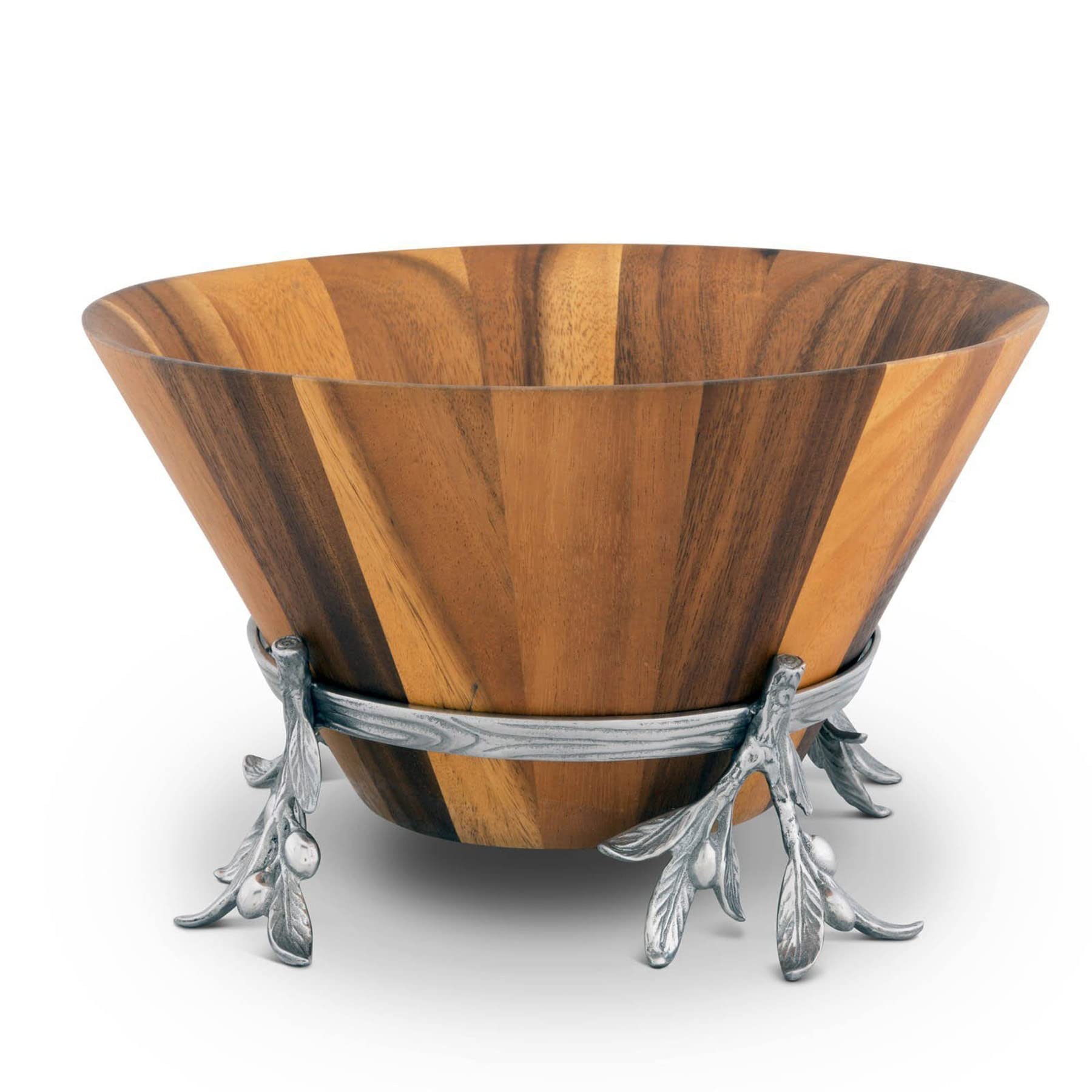 Arthur Court Acacia Wood Salad Bowl In Metal Stand, Sand-Cast Aluminum Stand In Olive Pattern 8 Inch Tall 12 Inch Dia