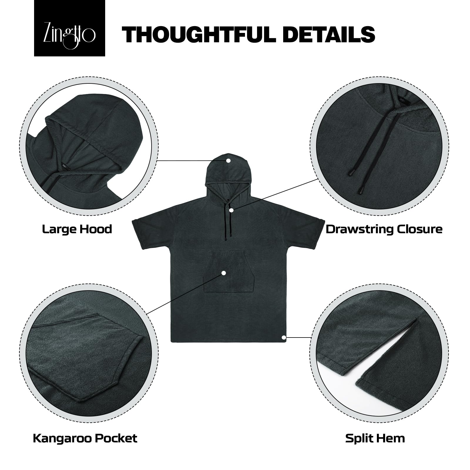 Zingtto Surf Poncho Changing Robe, 3/4 Sleeve Extra Large Thick Hoodie Towel Poncho For Men Women Beach Swimming, 43'' X 35'', B