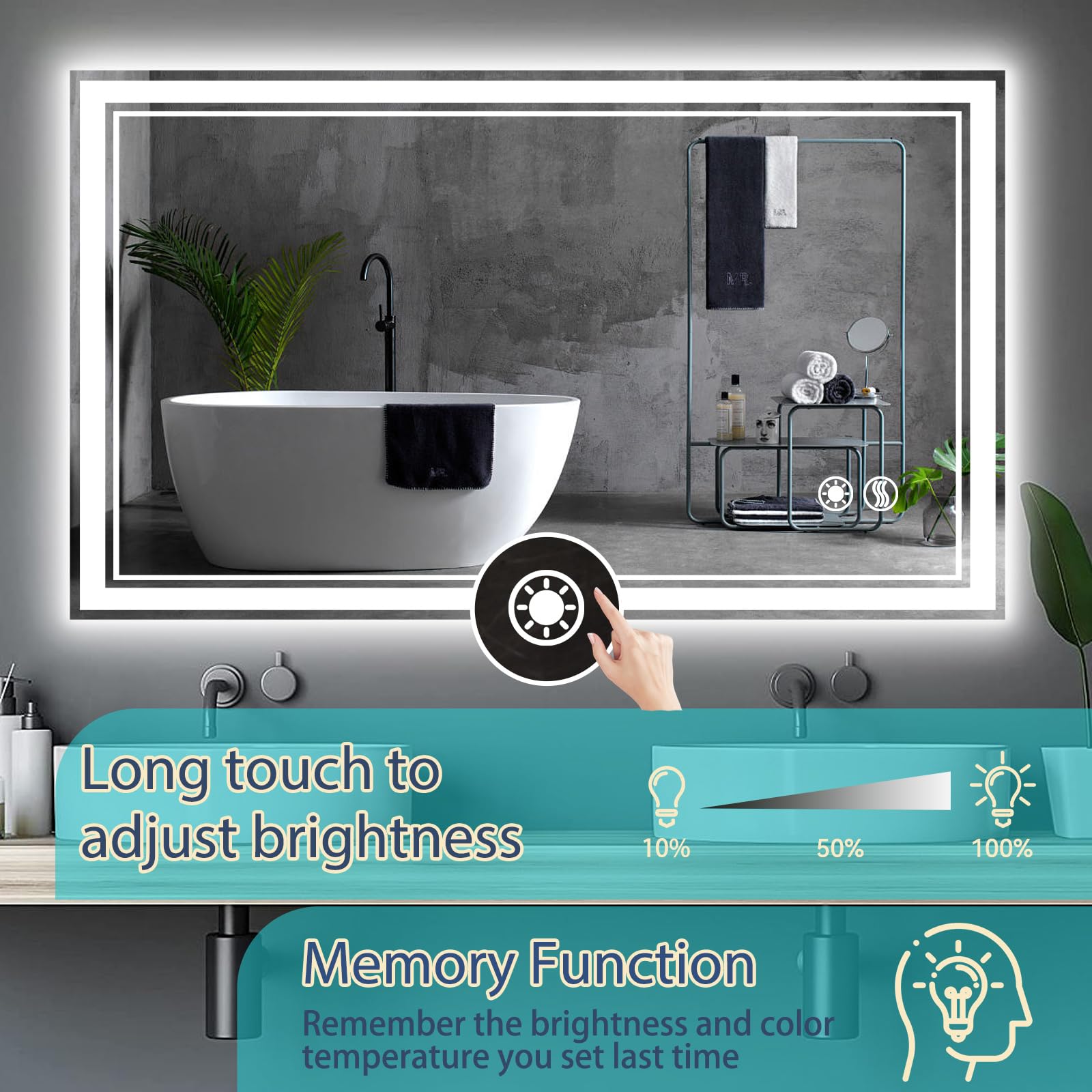 Getovin 48 X 28'' Led Mirror For Bathroom Fogless Bathroom Mirror With Led Lights Stepless Dimmable 3 Colors Front And Backlit L