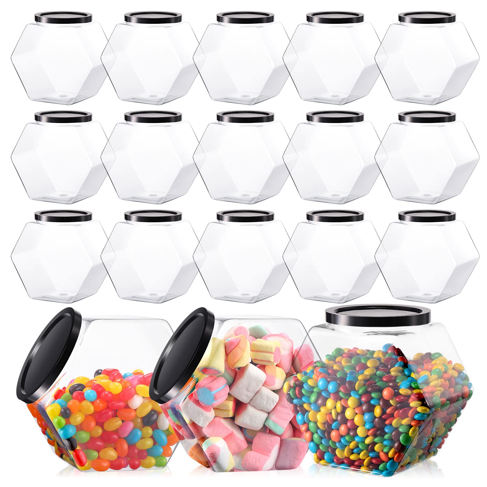 Bokon 18 Pcs Hexagon Shaped Jars with Lids Plastic Cookie Container 30oz Clear Wide Mouth Candy Storage Jar for Cookies, Candy, 
