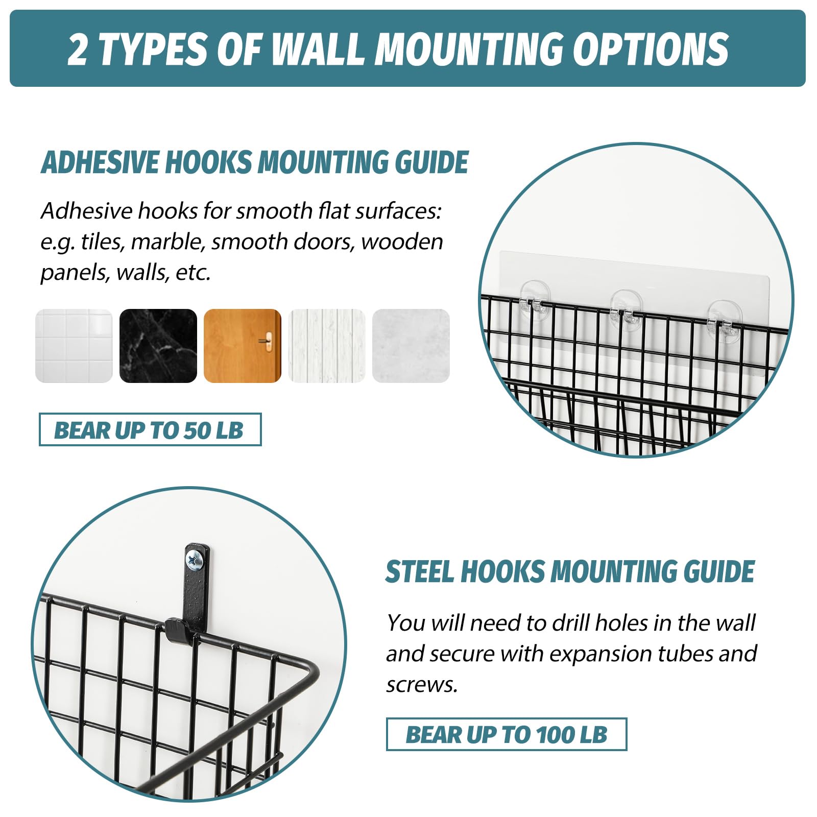 Aozita [2 Wall Mounting Options], 4 Set Extra Large Hanging Wall Mount Basket For Storage With Adhesive Hooks & Steel Hooks, Stu