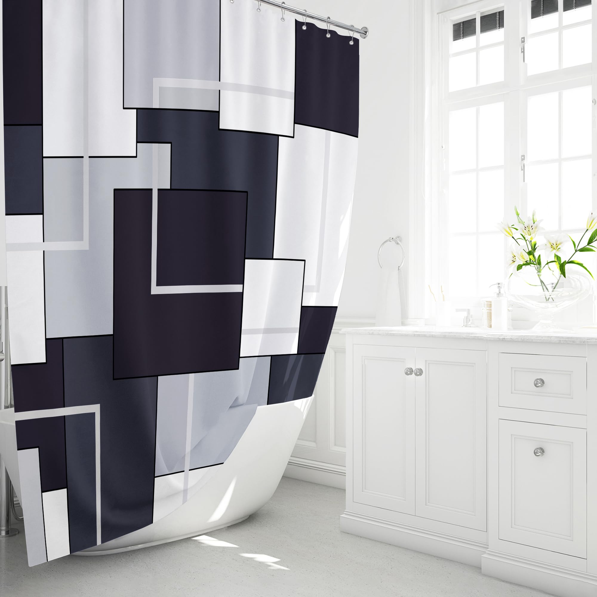 BTTN 96 Inches Extra Long Shower Curtain - Geometric Abstract Fabric Shower Curtain Set with Plastic Hooks  Large Modern Decorative Neutral Cloth Shower Curtains for Bathroom Decor - 72x96 - Black