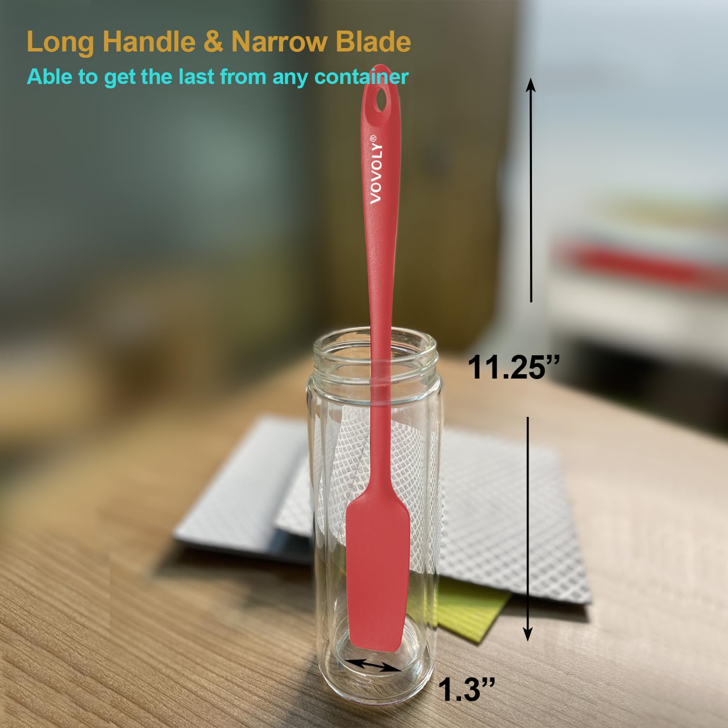 2-Pack Vovoly Silicone Jar Spatula, Long Handle Jar Spatulas, High Heat Resistant Small Rubber Spatula, Seamless Design, Stainle