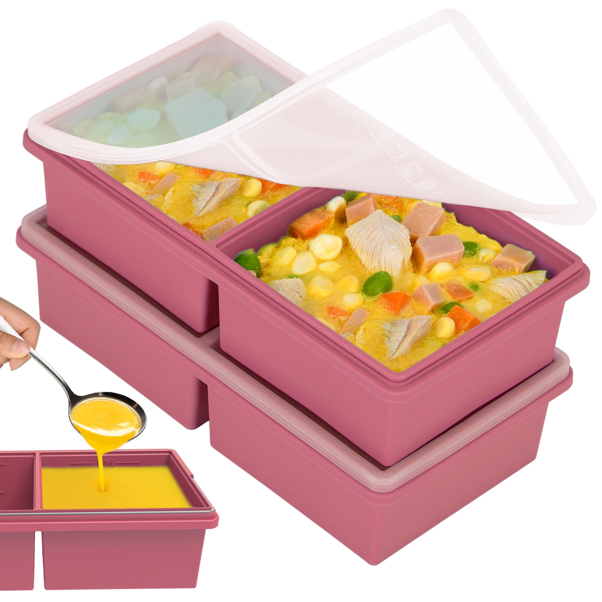 2 cup Silicone Freezer Trays with Lids, Silicone Soup Freezer Molds, Easily prepare portioned meals, Dishwasher,Oven Safe, Stack
