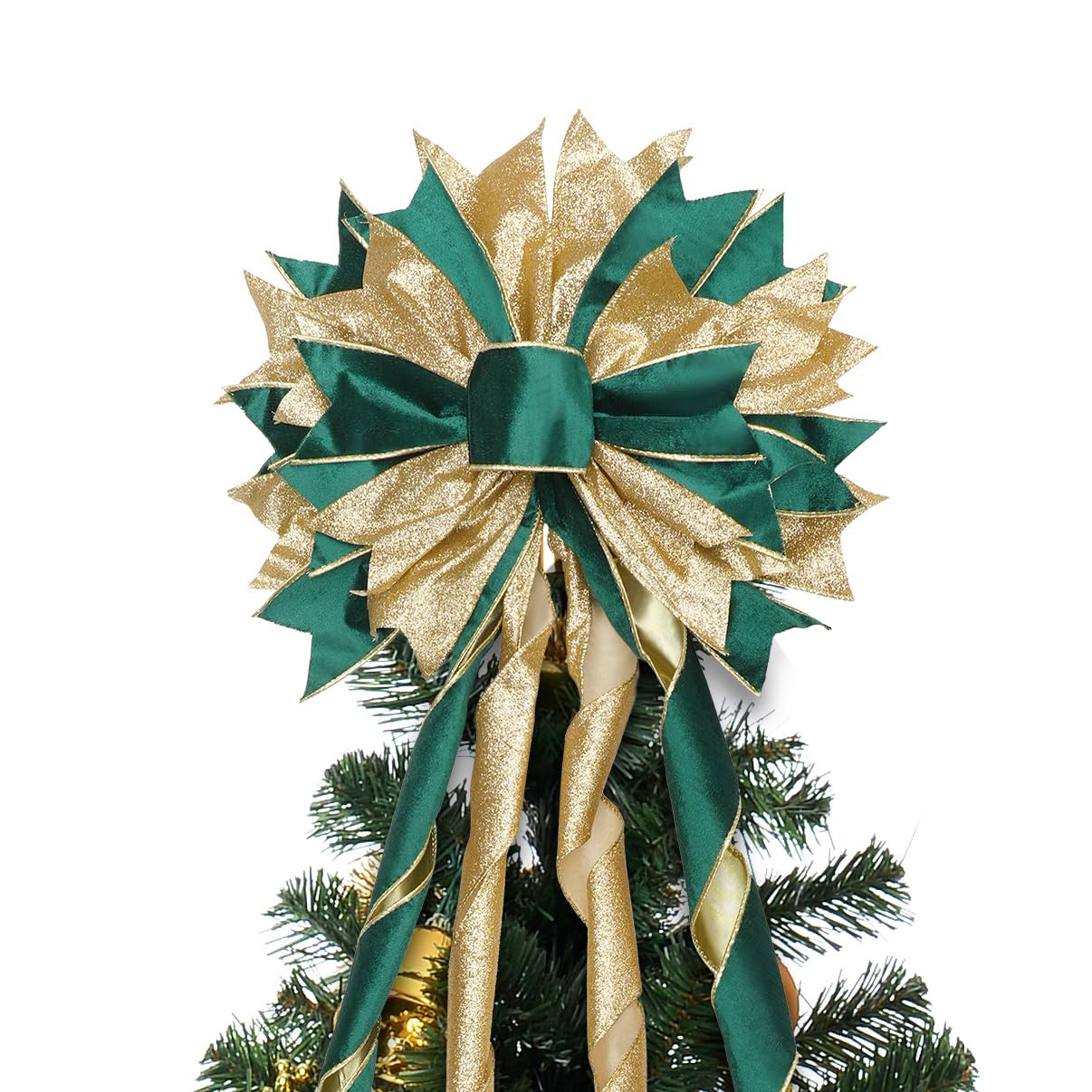 CANGBI Green Gold Christmas Tree Topper, 40x13 Inches Toppers Bow with Glitter Satin Mesh Streamer and Patterned Ribbon, Christm