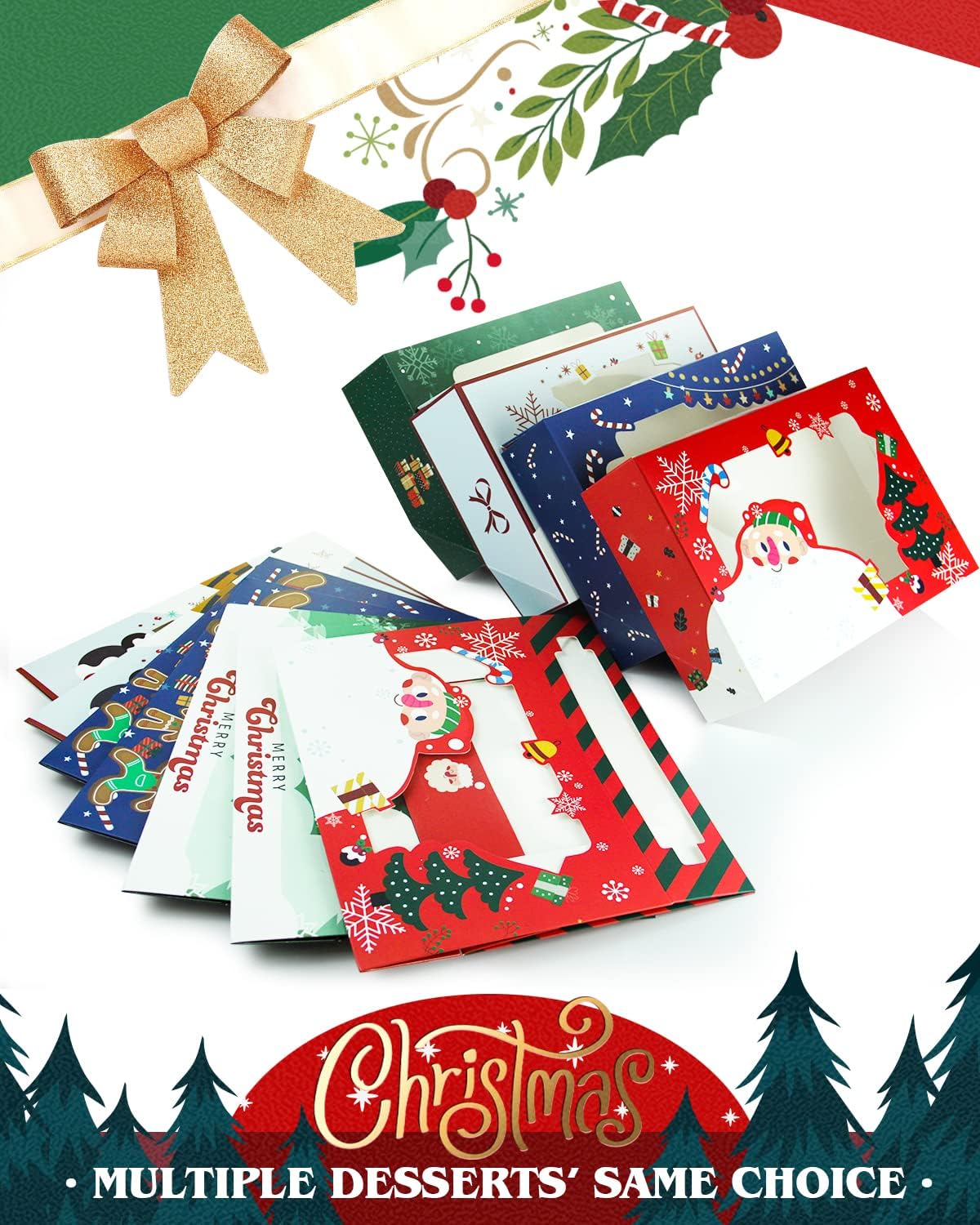 qiqee Christmas Cookie Boxes for Gift Giving 8x5.3x2 inch 24Packs Christmas Bakery Box with Window Treat Box for Donuts Candies