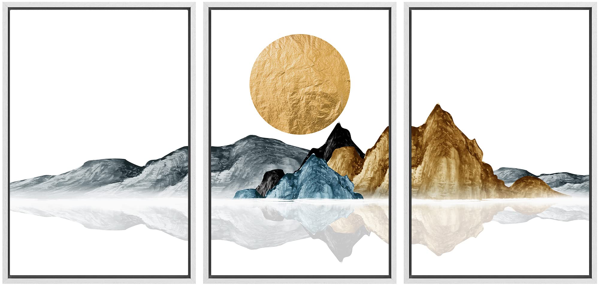 Signwin Framed Canvas Print Wall Art Set Gold Teal Mountain Range Landscape Nature Wilderness Illustrations Modern Art Decorativ