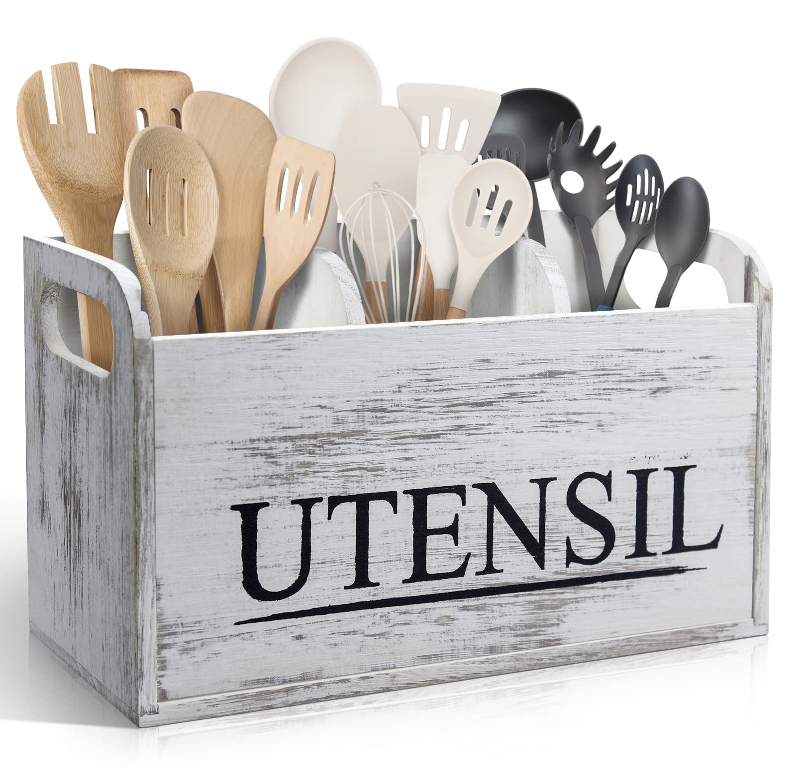 Brekle White Kitchen Utensil Holder Rustic Large Wooden Utensil Organizer Cooking Tools Storage