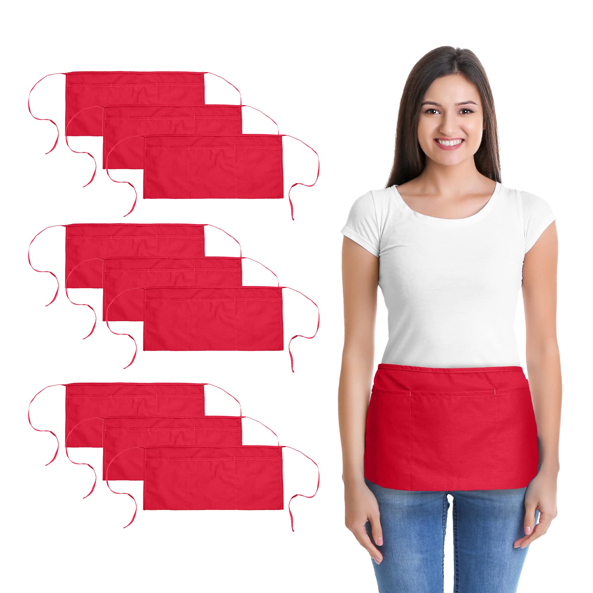 Waist Aprons Commercial Restaurant Home Bib Spun Poly Cotton Kitchen (3 Pockets)In Red 10 Pack