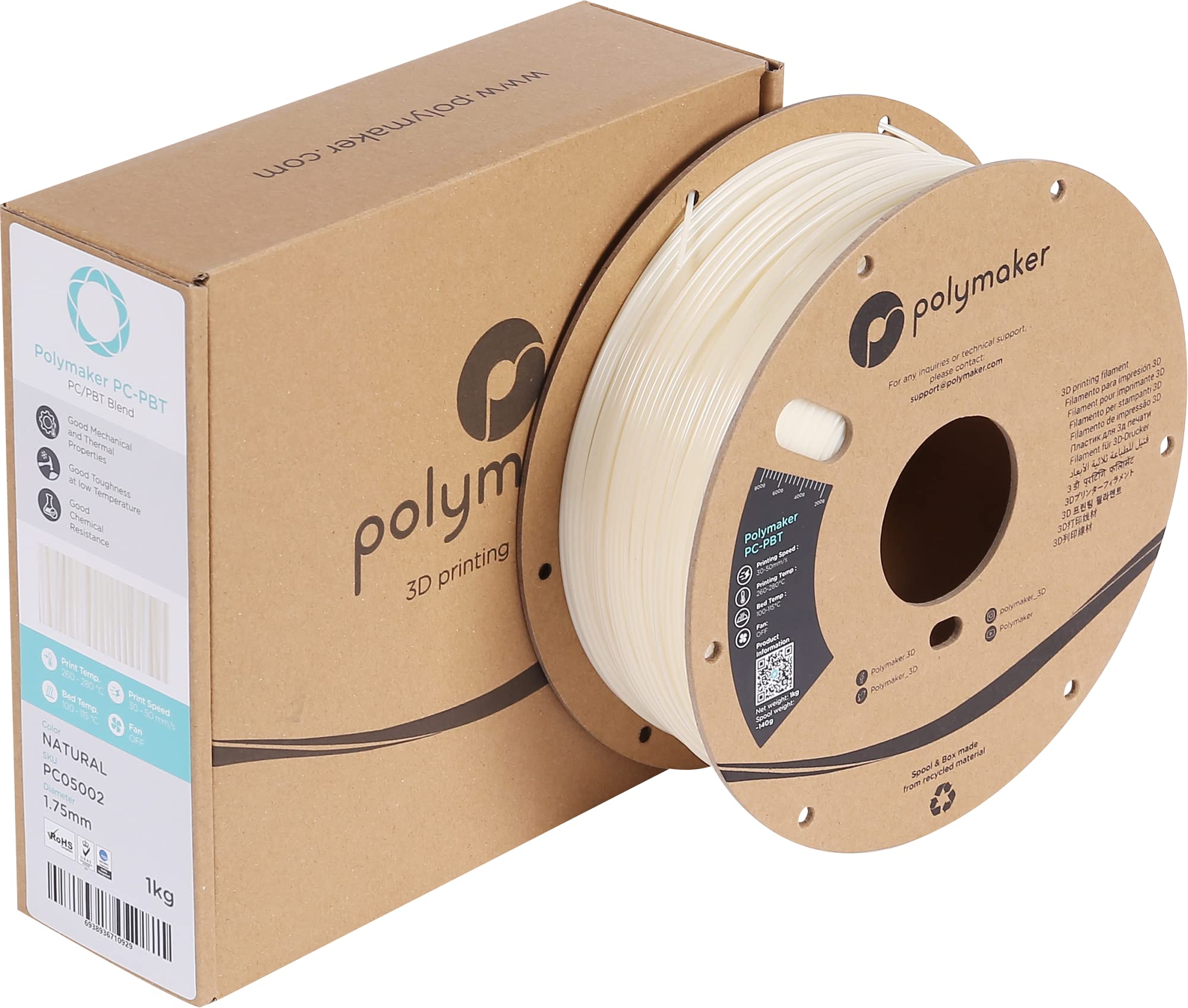 Polymaker Pc-Pbt Filament 175Mm, Natural Polycarbonate Filament 175Mm Pbt Blend, 1Kg Cardboard Spool - Low Temperature Toughness
