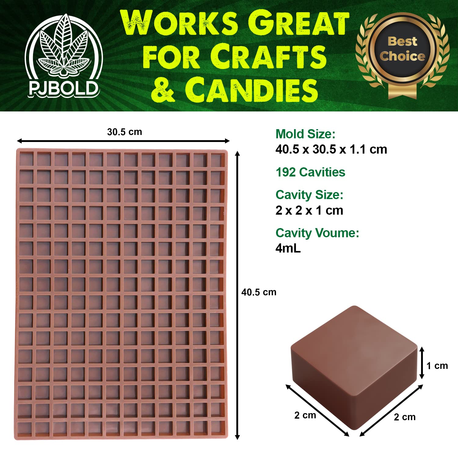 PJ Bold Square Silicone Candy Mold - 4mL Half Sheet, Brown, Model Q1075