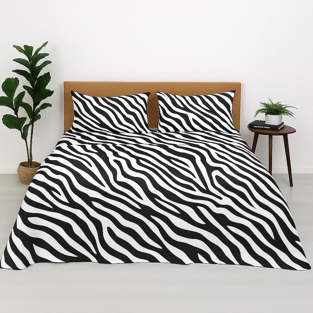 Cotton Bedsheet - Zebra Print King Size Flat Sheet With Pillow Covers - 100% Cotton, Soft, Breathable & Fade-Resistant