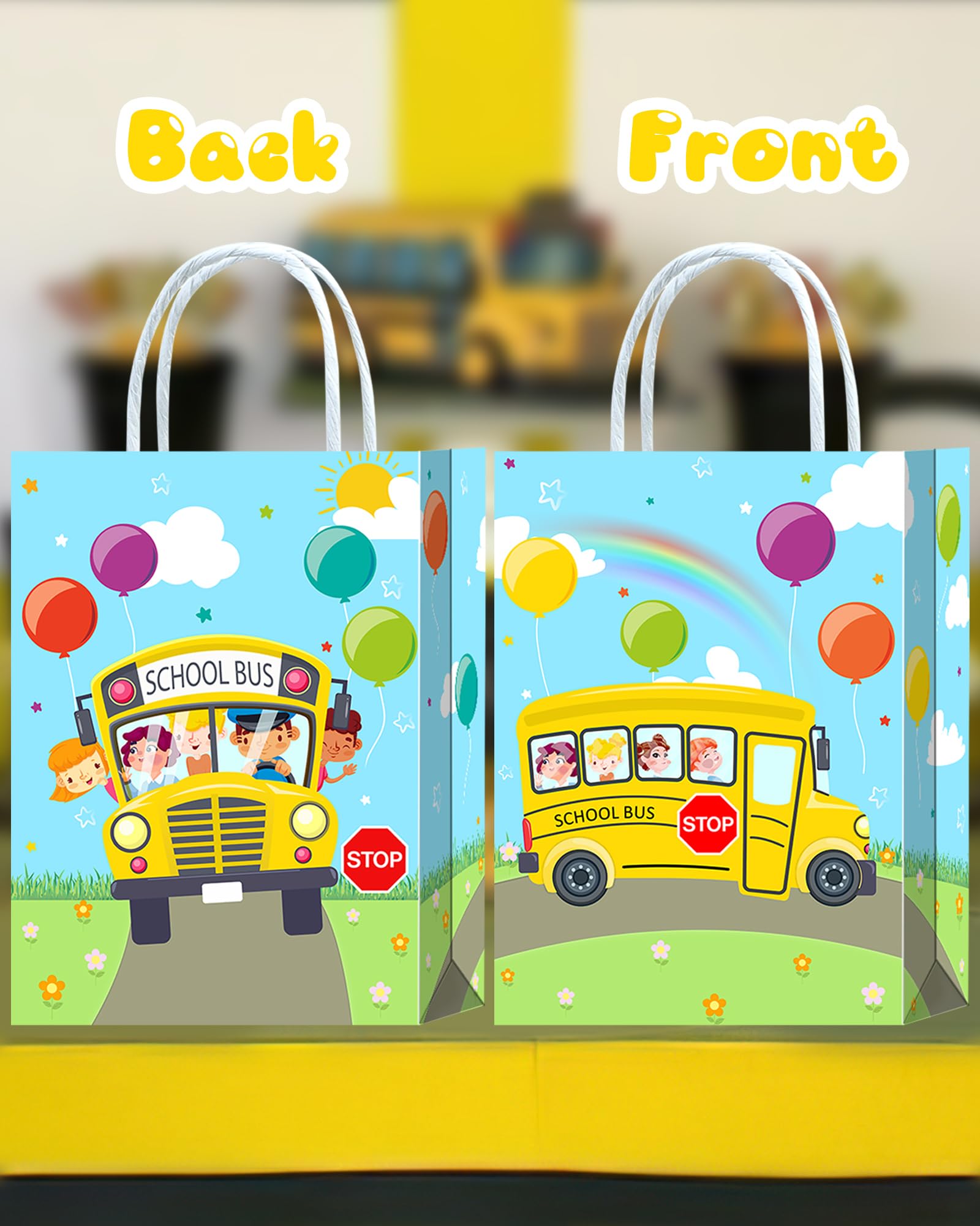 Yanzonic 16Pcs School Bus Decorations Goodie Bags - Back To School Party Favor Bags For School Bus Birthday Party Decorations, S