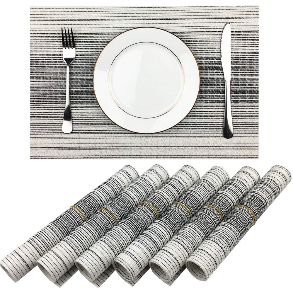 Placemat,Blending Color Durable Woven Vinyl Placemat Washable Heat-Resistant Anti-Skid Kitchen Dining Table Mats (Set Of 6, Blac