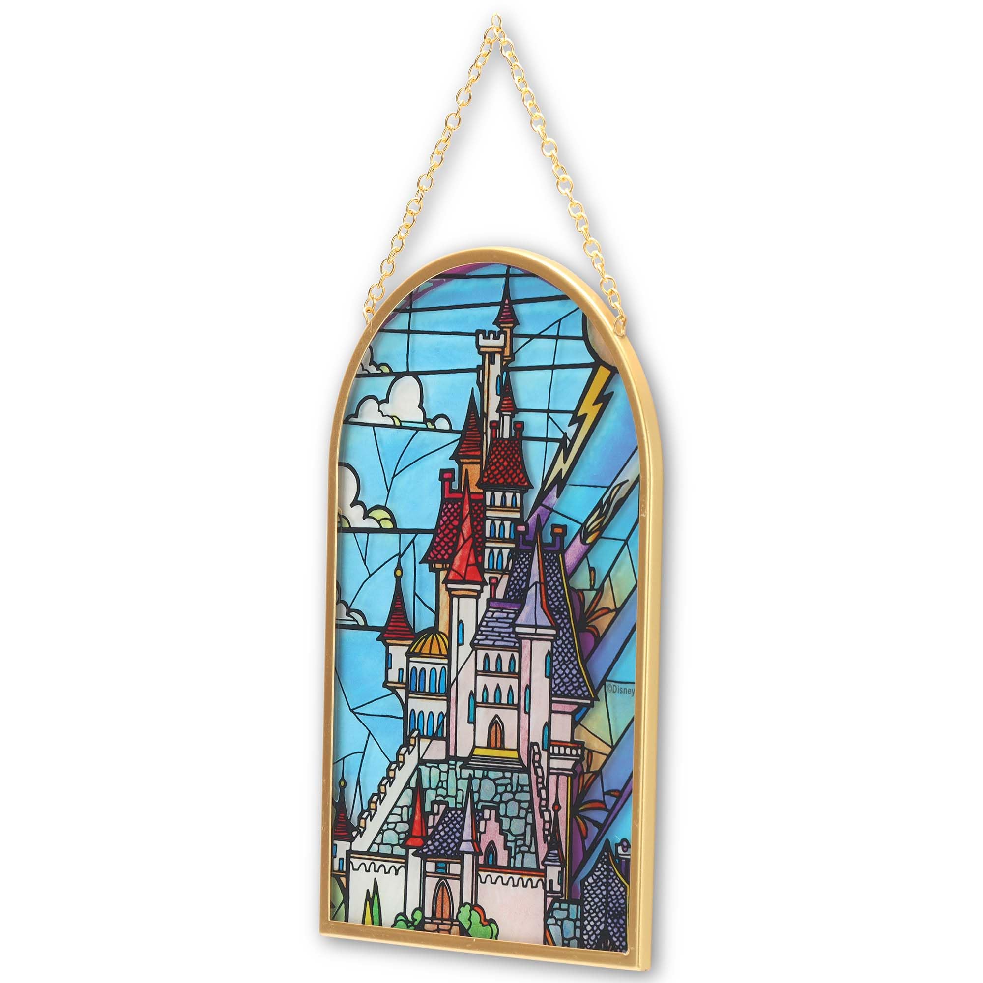 Open Road Brands Disney Beauty and the Beast Castle Hanging Glass Wall Decor - Beautiful Disney Princess Wall Art for Home