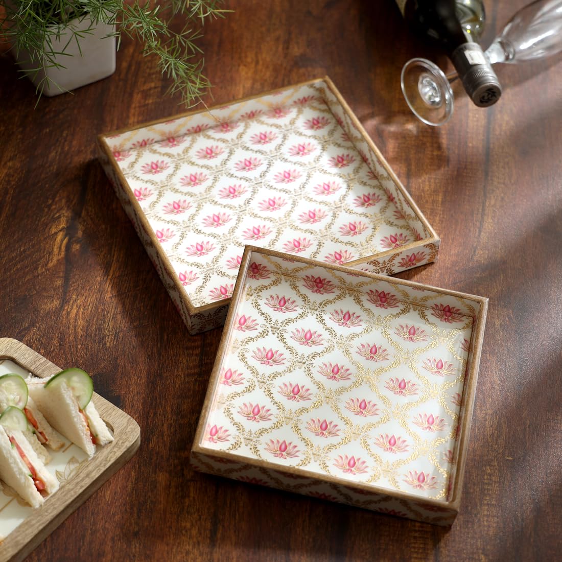 Duli Set Of 2 Mdf Wood Trays Enamel Coated| Rectangle Trays Set Of 2 | Serving Trays | Wooden Tray | Kitchen&Dining Decorative |