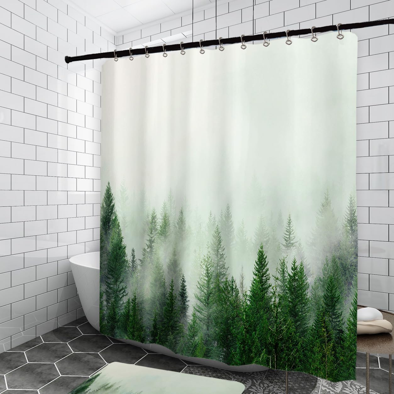 Ortigia Green Misty Forest Shower Curtains,Nature Woodland Shower Curtain,Fantasy Fog Magic Tree Bath Curtain For Bathroom,Fall