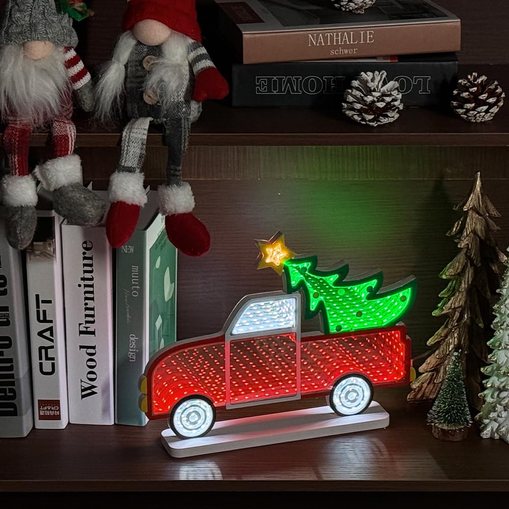 MEETYAMOR Christmas Decorations Indoor, Christmas Tree Truck Infinity Mirror Tunnel Light, 3D Endless Extension LED Night Lamp,