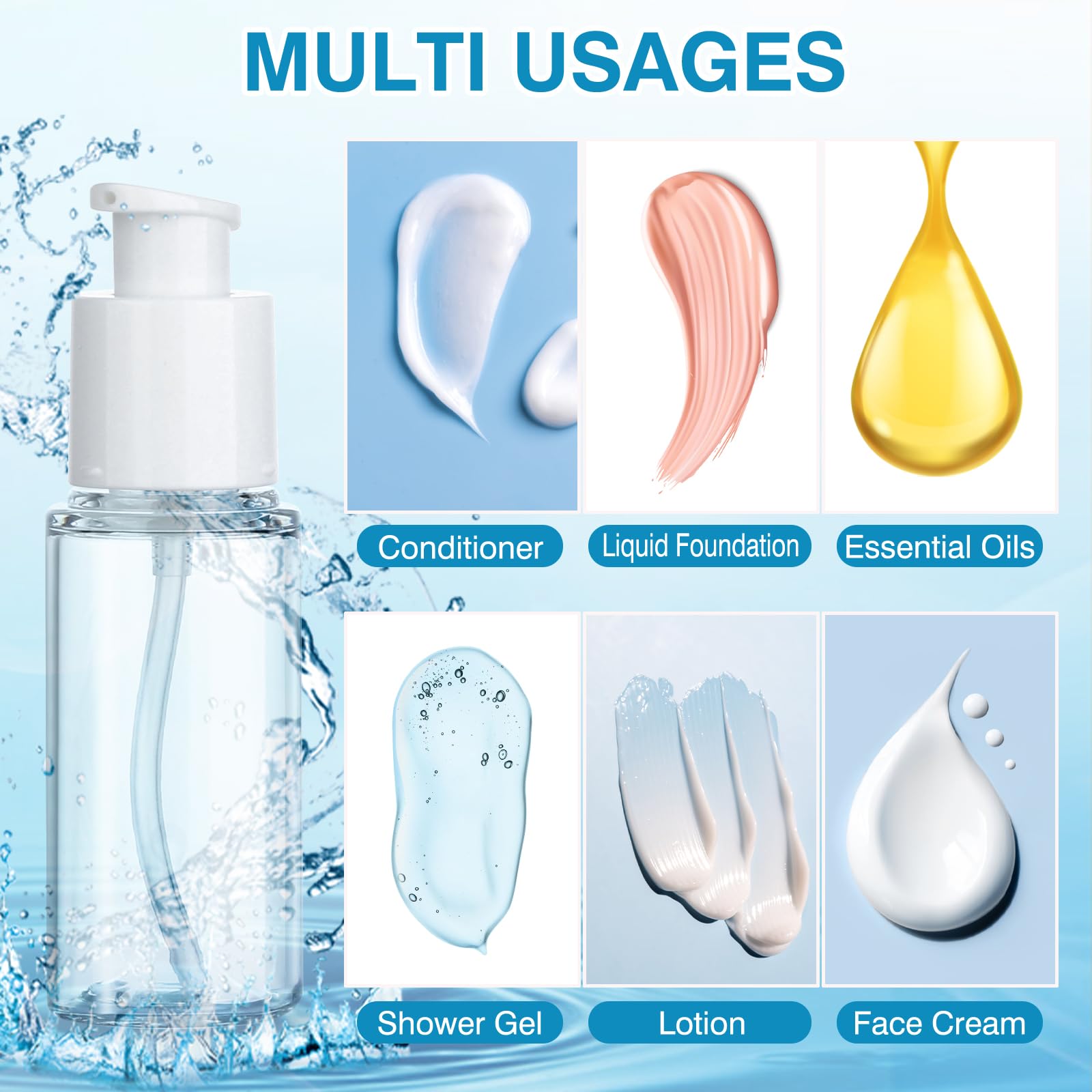 KREMORV Travel Pump Bottle 2pcs Cosmetic Pump Container Refillable Clear Lotion Bottles for Cream and Pure Essential Oils to Tra