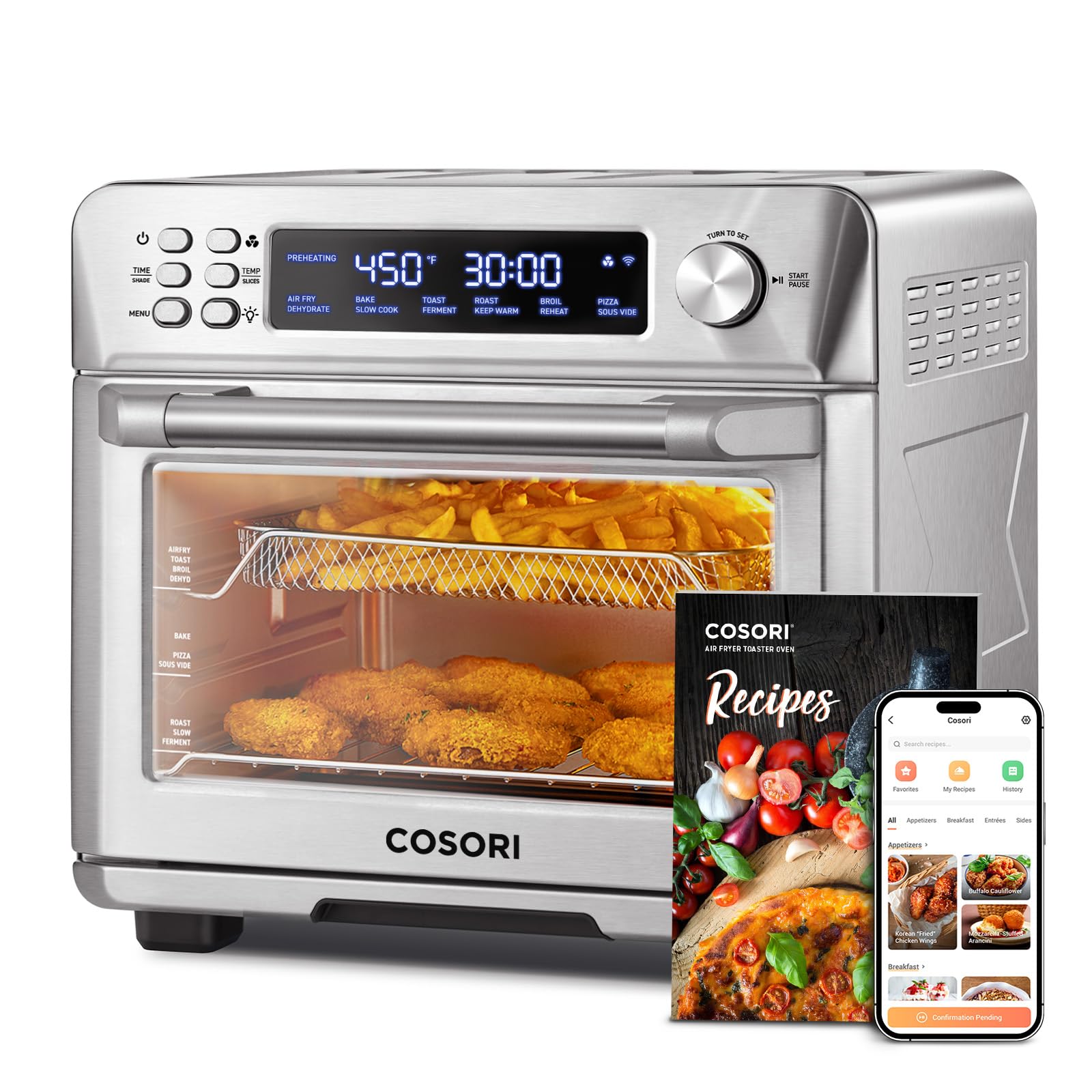 Cosori Air Fryer Toaster Oven Combo, 12-In-1 Convection Ovens Countertop, Stainless Steel, Smart, 6-Slice Toast, 12-Inch Pizza,