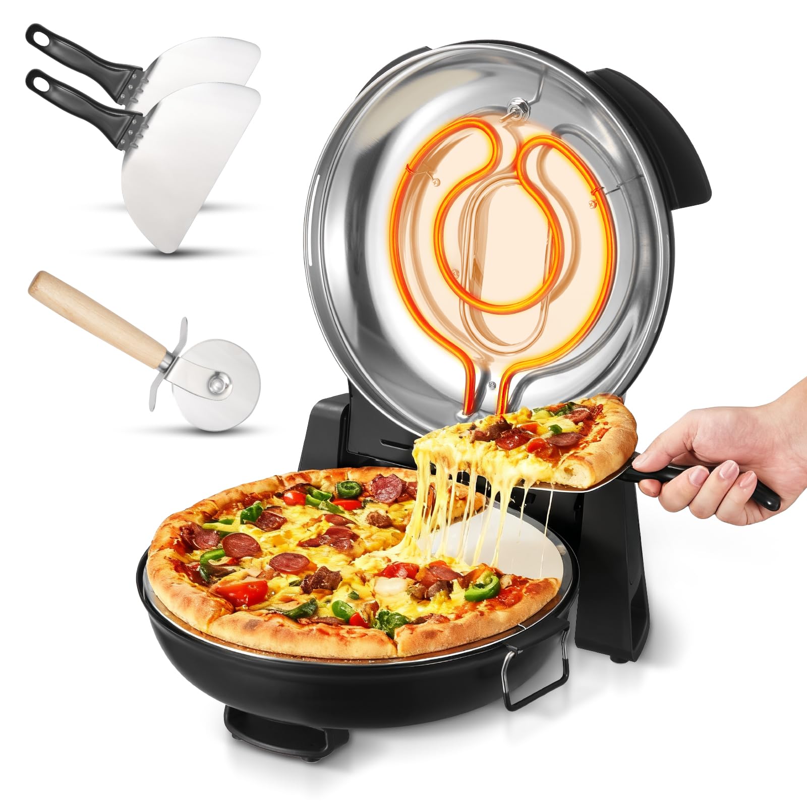 VEVOR Indoor Pizza Oven, 12-Inch Electric Pizza Maker, Max 788F Countertop Cooker with 5 Heat Levels, 1200W Dual Temp Controls, 