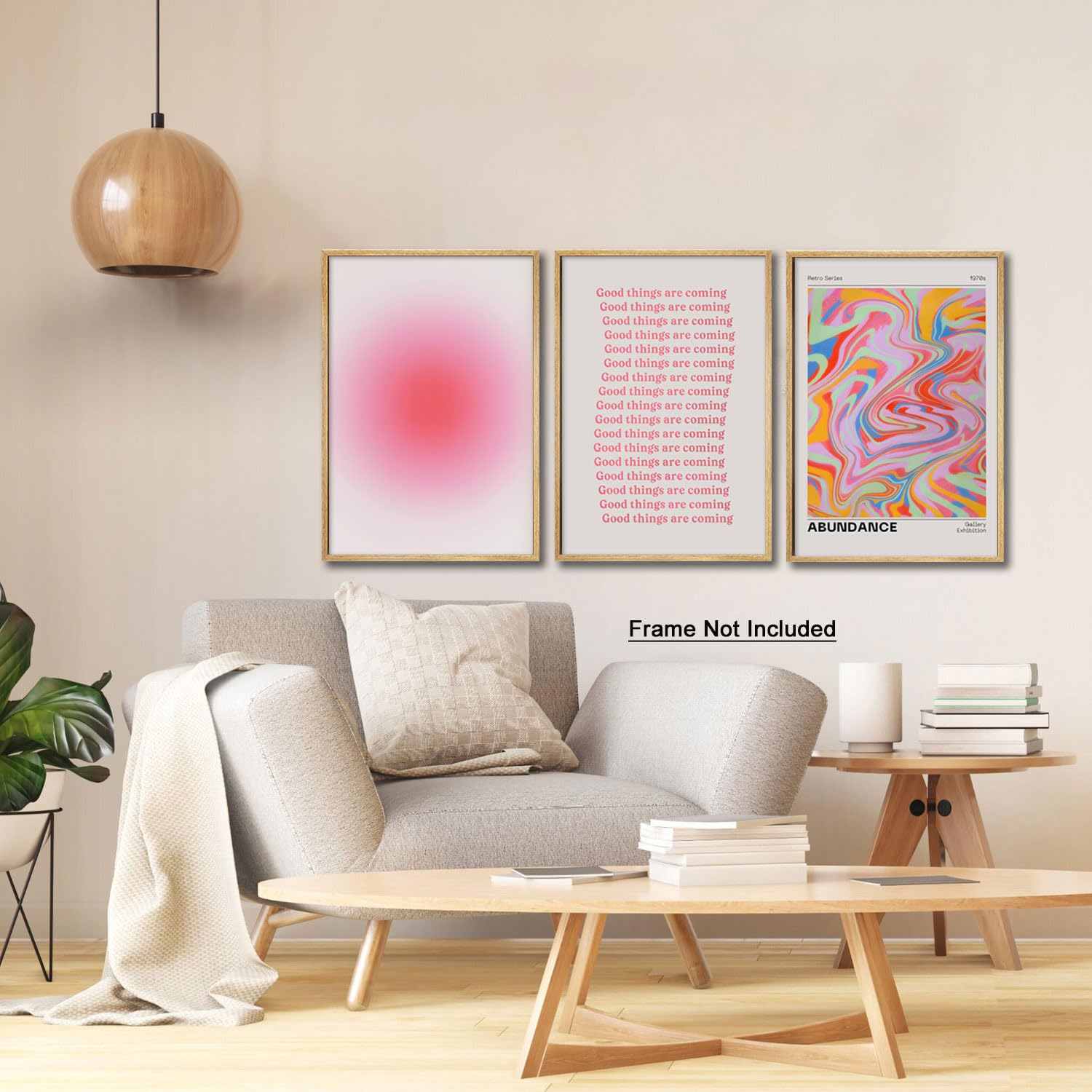 Good Things Are Coming Canvas Wall Art Aesthetic Set Of 3 | Gradient Psychedelic Aura Angel Posters Prints Room Decor | Pink Wal