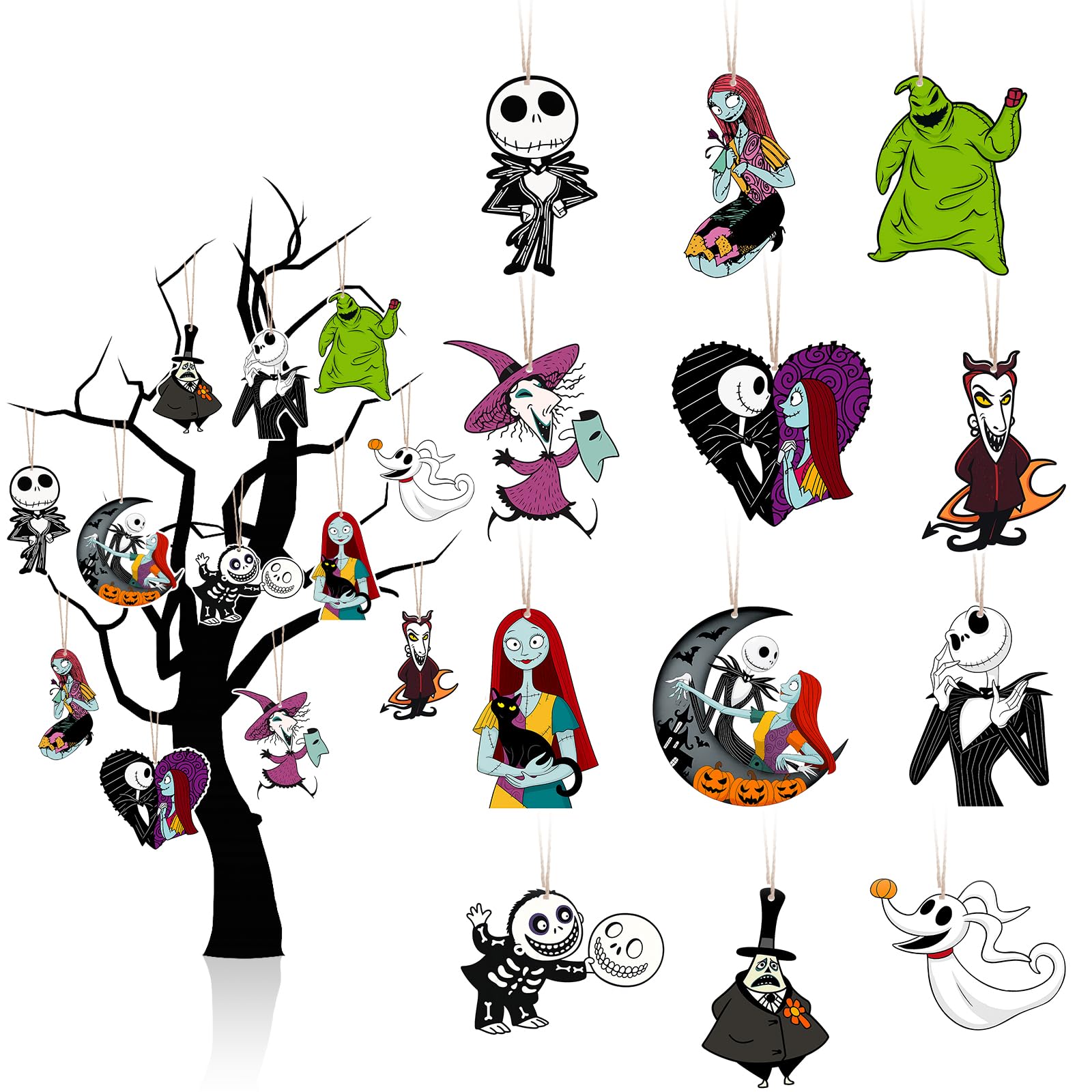 Arosche Halloween Christmas Nightmare Tree Decorations Wooden Hanging Tree Ornaments 24Pcs Happy Halloween Nightmare Themed Wood