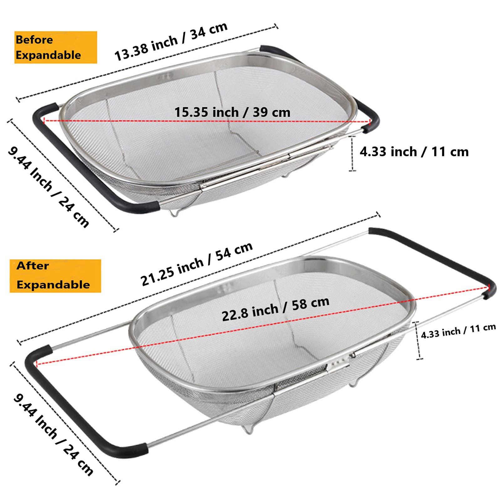 Over The Sink Stainless Steel Oval Colander with Expandable Rubber Grip Handles Strainers  Fine Mesh Strainer Basket Kitchen 6 Quarts Colander for Strain  Drain  Rinse Fruits  Vegetables