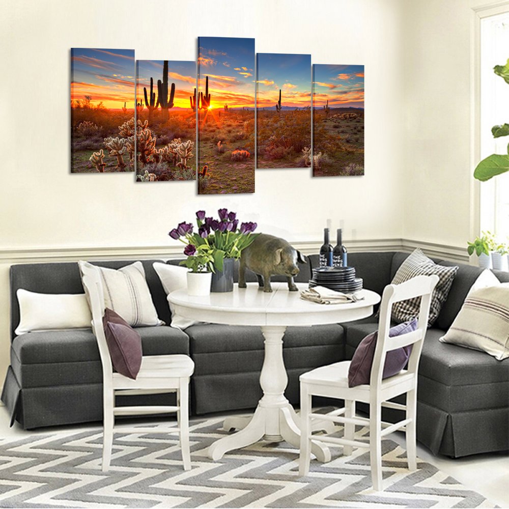 Kreative Arts - Natural Landscape Paintings Wall Art Sunset with Saguaros in Sonoran Desert 5 Pieces Picture Print on Canvas for Modern Home Decoration (Large Size 60x32inch)