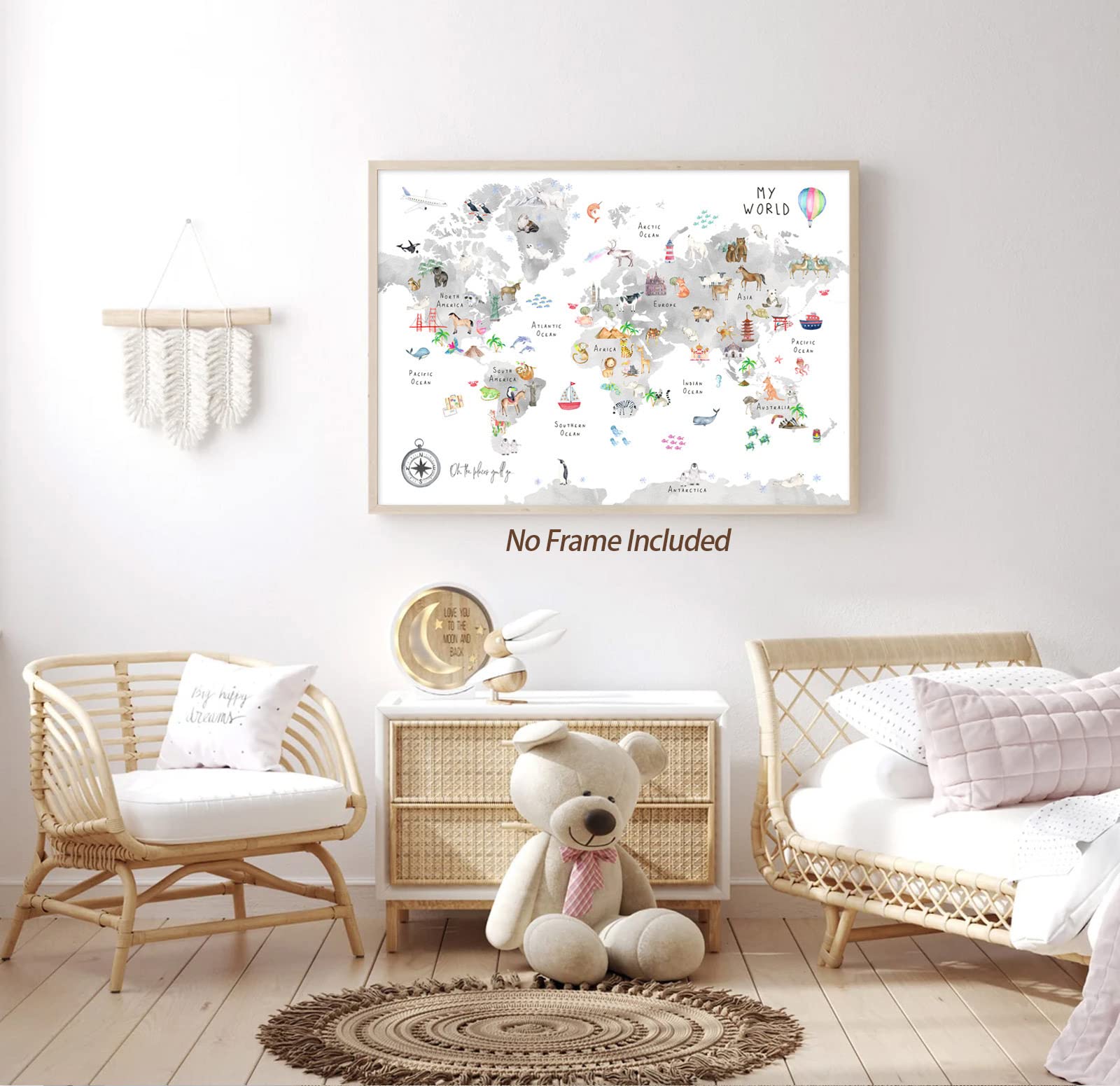 Joocrise Grey Kids World Map Wall Art Animal Map Canvas Wall Art Educational Wall Art Nursery Wall Decor World Map Poster Playro