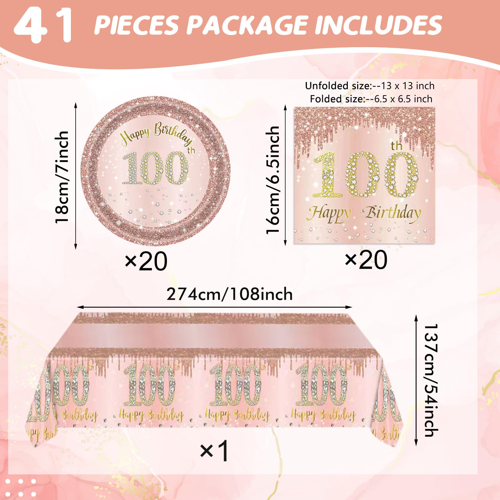 41Pcs 100Th Birthday Decorations, Rose Gold Birthday Party Supplies Include 20Pcs Plates 20Pcs Napkins And 1Piece Tablecloth, Sw
