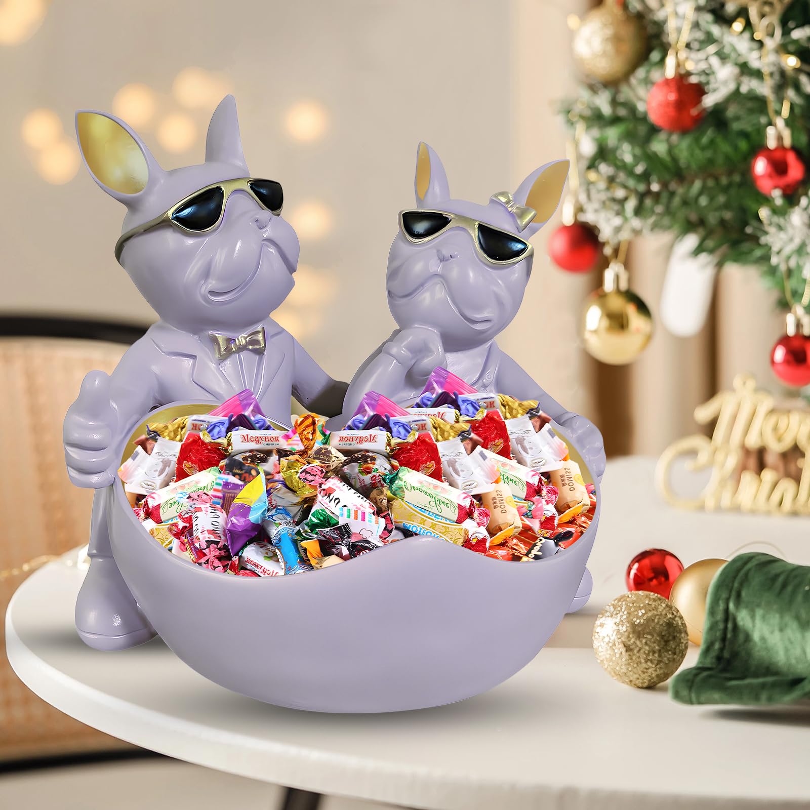 Huhote Bulldog Lovers Candy Bowl Decor,Heart-shaped Key Holder Bowl Candy Dish, Bulldog Accessories, Resin Bulldog Statue for Of