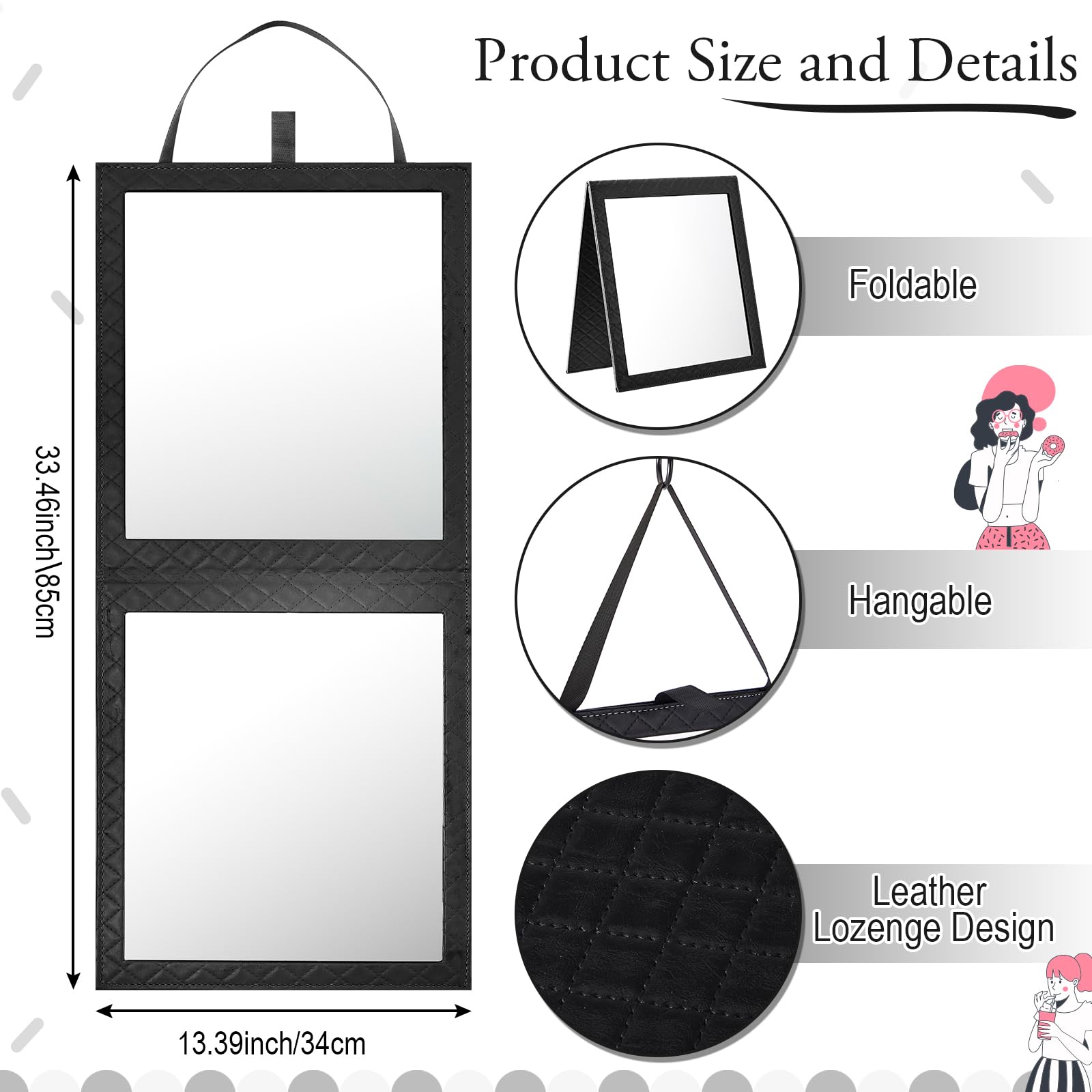 Hanging Travel Mirror With Handle 33.5X 13.4 Inch Leather Foldable Hanging Backstage Mirror For Travel Camping Dance Competition