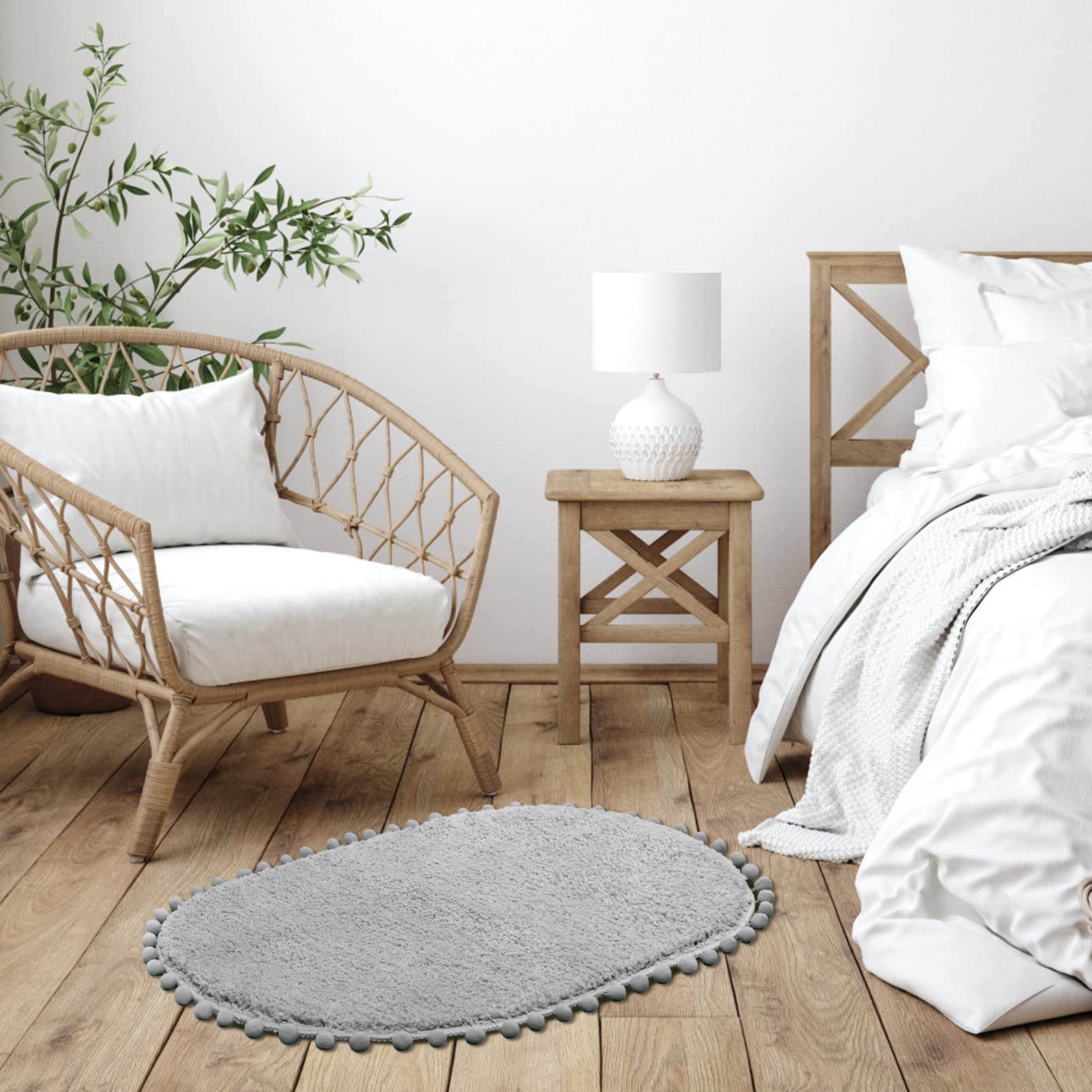 Yirddeo Bath Mat Light Grey Oval Rug With Pom Bathroom Rugs For Bedroom Non Slip Cute Boho Absorbent Mats Soft Plush Washable Ru