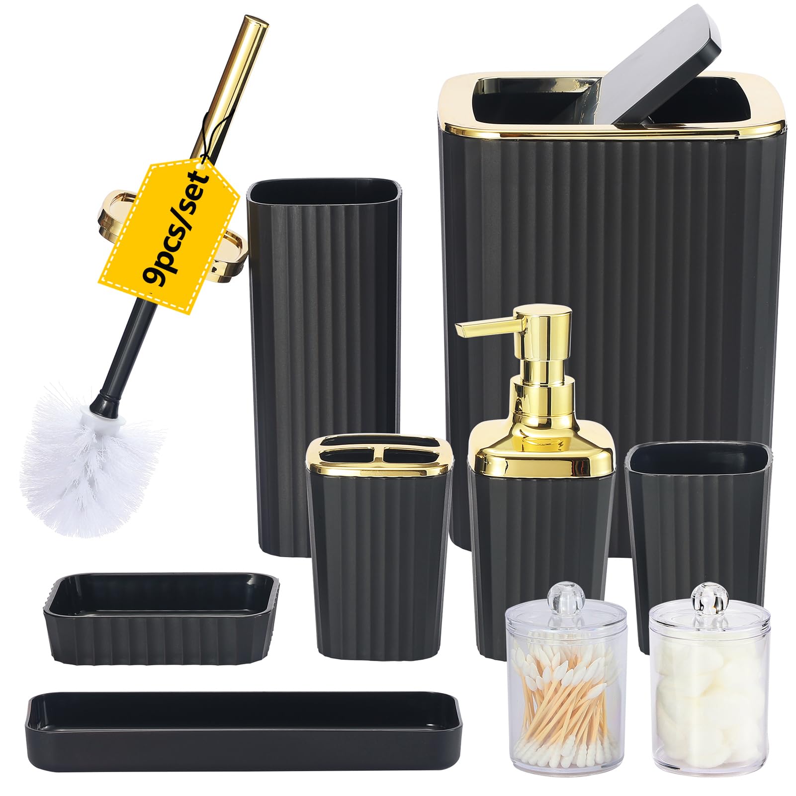 Black Bathroom Accessories Set,9 Piece Black Bathroom Accessory Set With Toothbrush Holder, Trash Can, Lotion Soap Dispenser, To