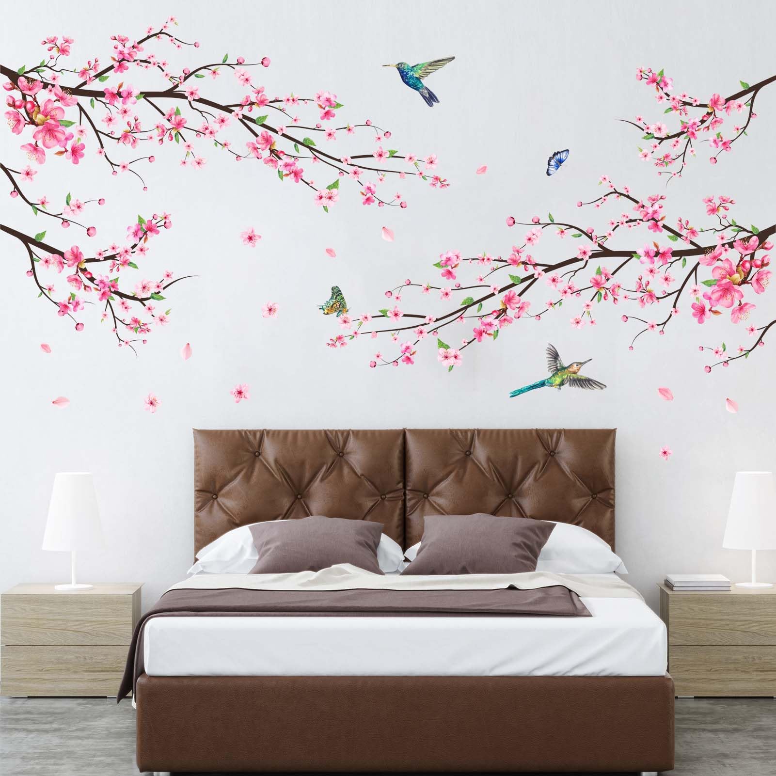 Amimagen Pink Watercolor Cherry Blossom Wall Stickers - Tree Branch Flower Birds Wall Decals - Bedroom Living Room Sofa Tv Backg