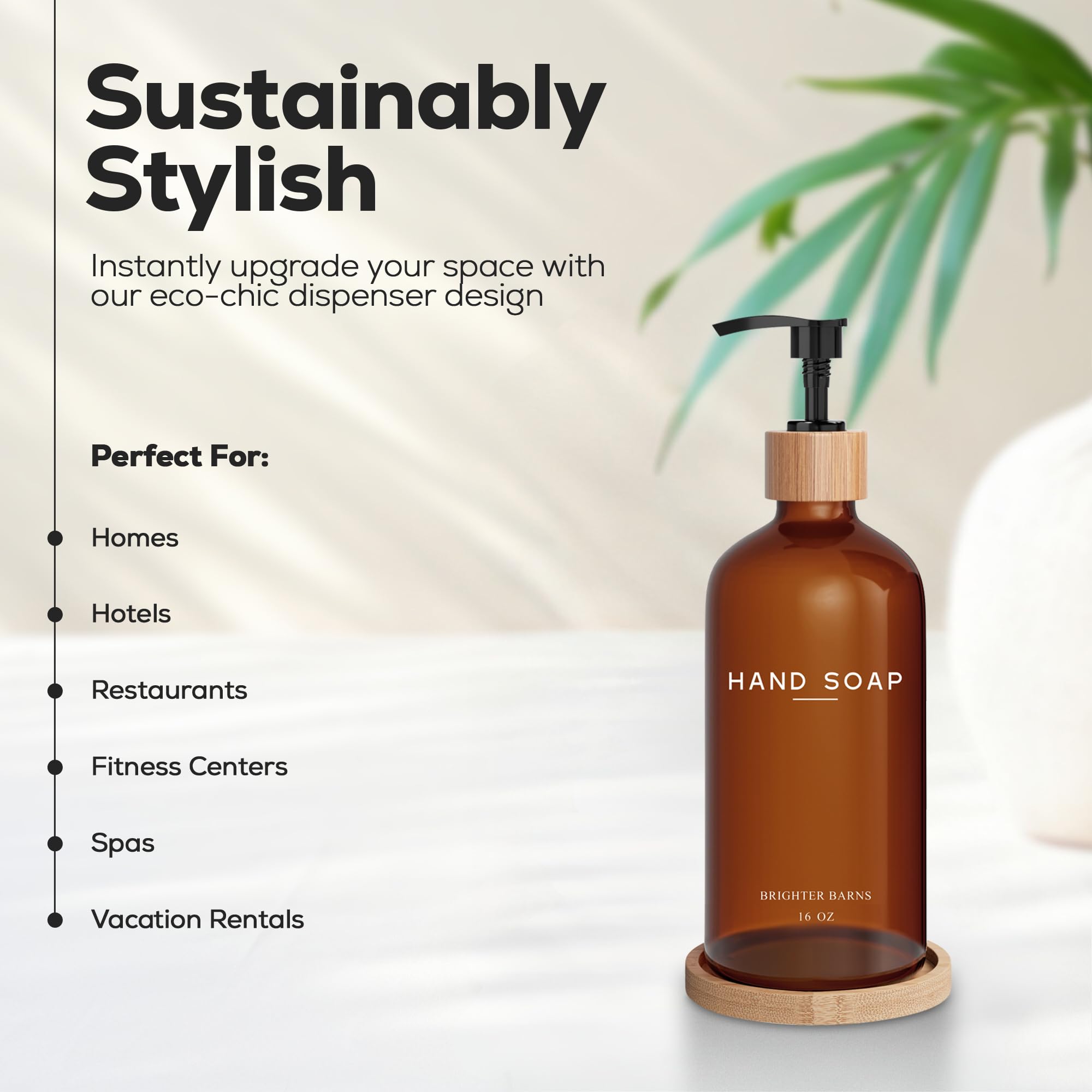 Amber Glass Hand Soap Dispenser Bathroom Set By Brighter Barns - Hand Soap Dispenser For Kitchen Sink & Bathroom - Bamboo Soap D