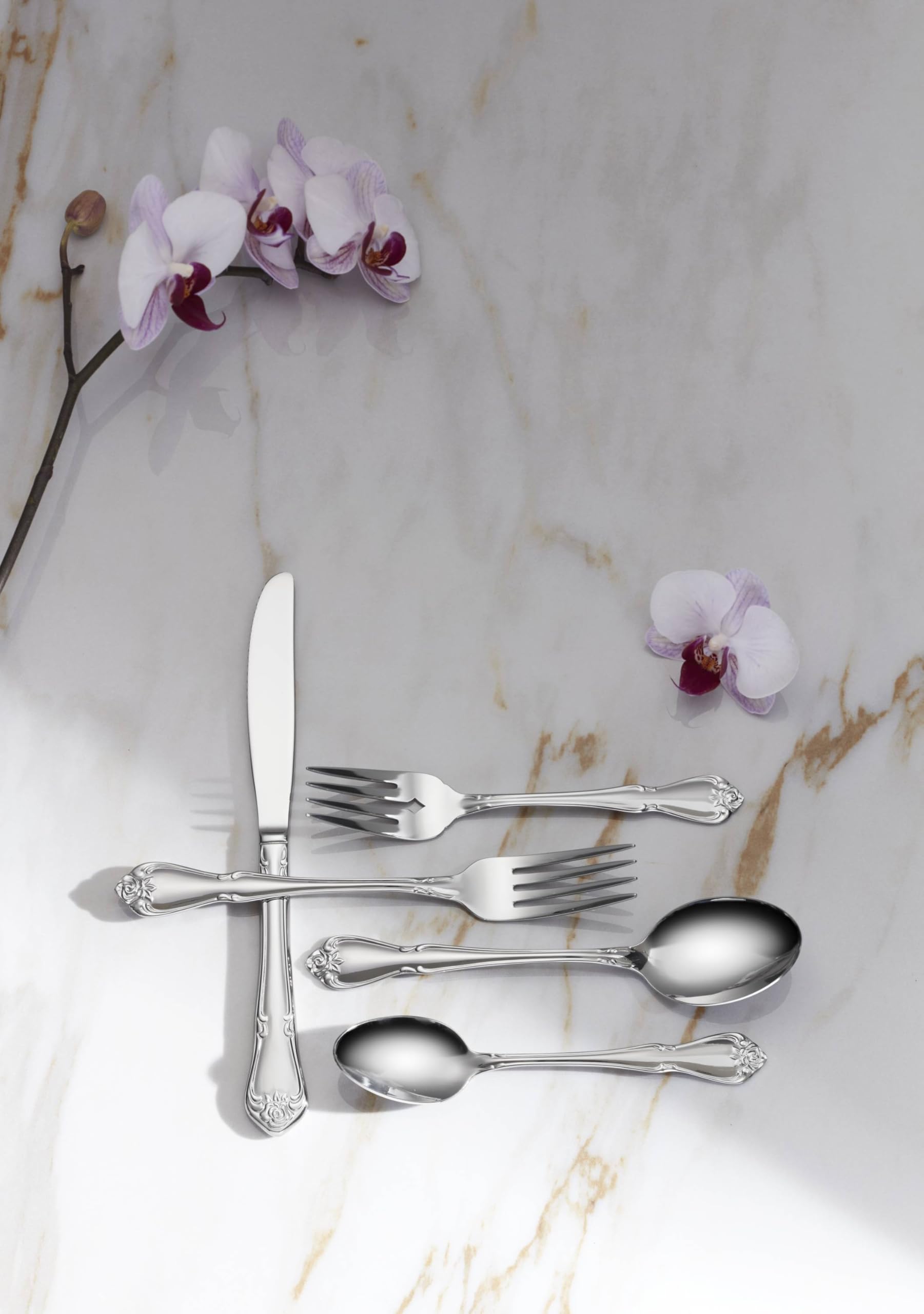 Oneida True Rose Flatware Dinner Spoons Set of 4, Silver, 6.75" L x 1.6" W, Model B552004C