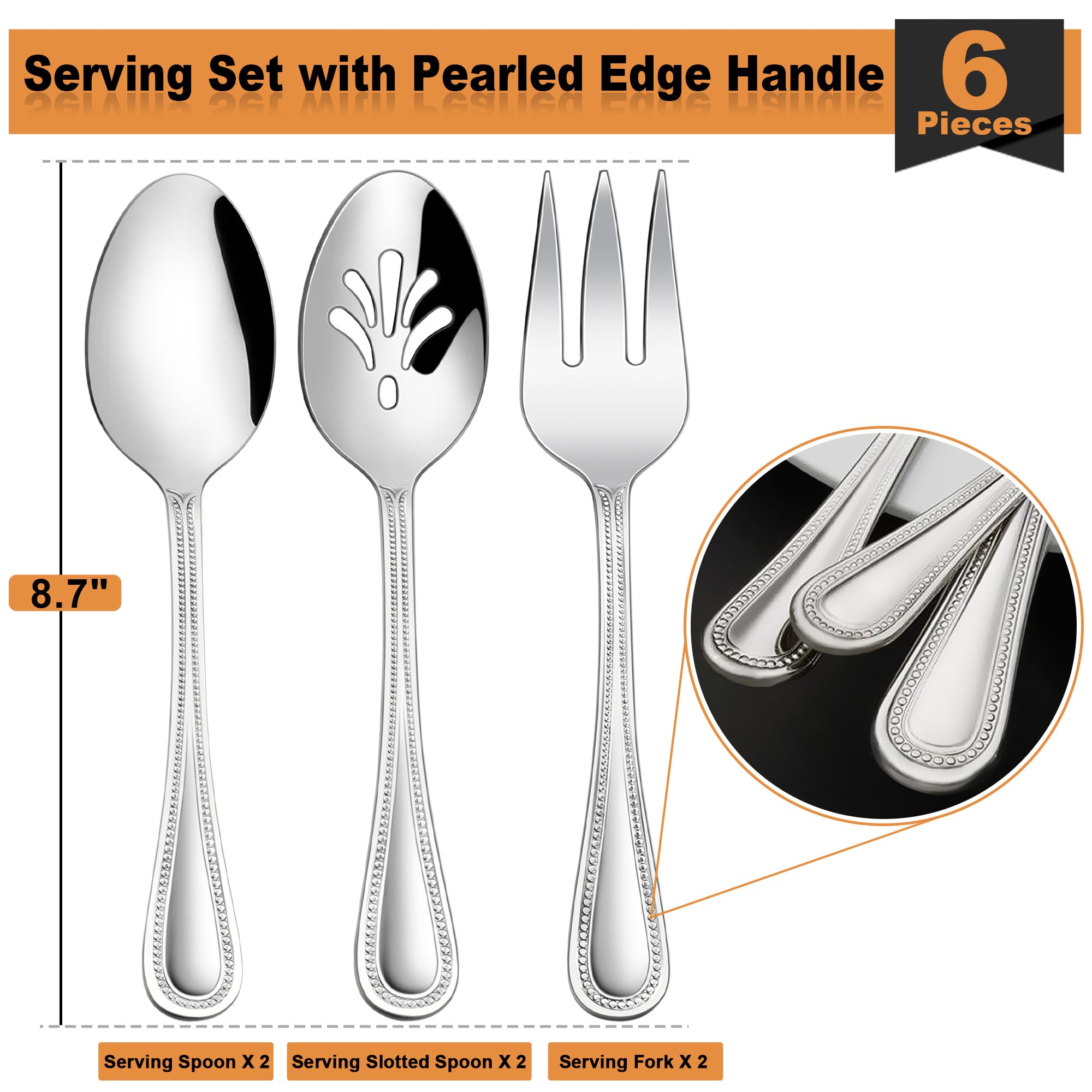 Serving Set, Haware 6 Pieces Stainless Steel Silverware Serving Utensils, Pearled Edge Hostess Serving Set For Buffet Party Kitc