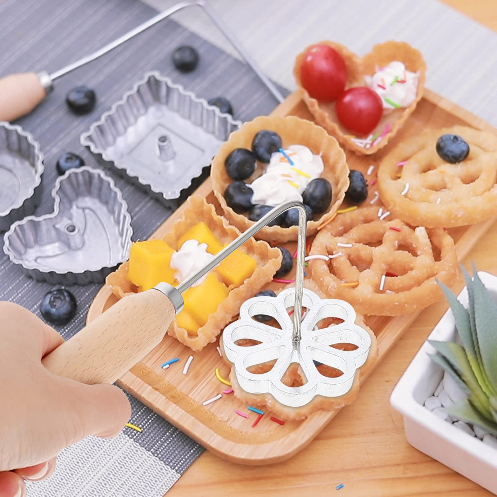 Swedish Rosette Aluminum Waffle With Wooden Handle Creative Cake Printing Frying For Rosette Bunuelos Cookie (Flower Pattern)